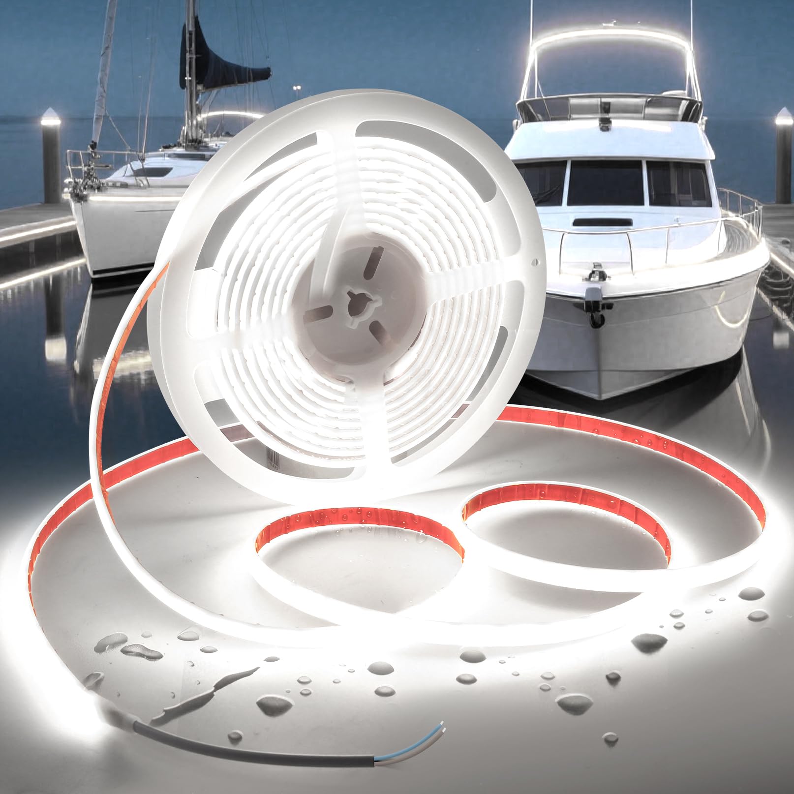VOEWT COB LED Band Lights Daylight White 6000K 12V 16.4ft IP67 Waterproof High CRI 95Ra+ Super Bright Flexible Boat Lights for Fishing Night Outdoor Bathroom Swimming Pool(Power Supply Not Included)