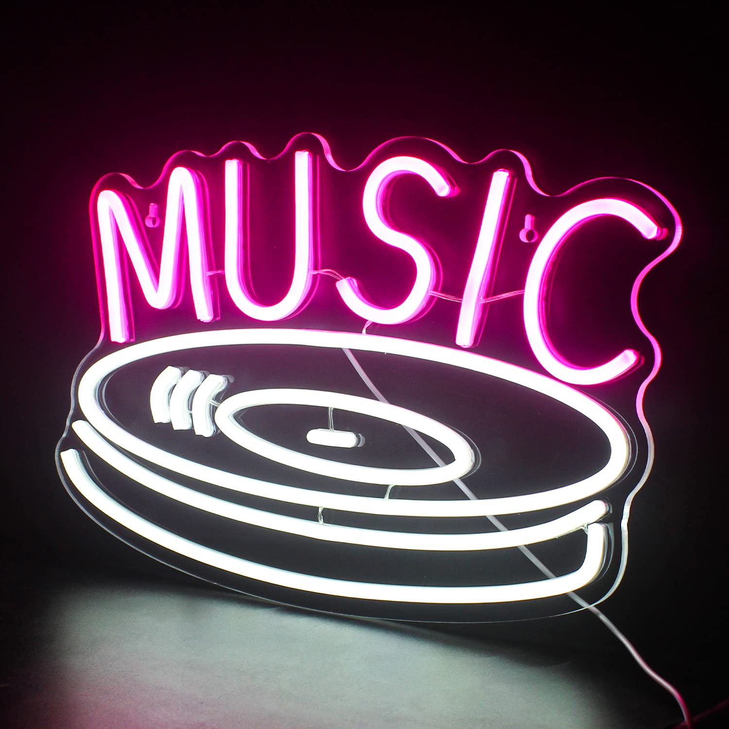 FAXFSIGN Neon Music Record Sign - Pink White LED Light for Wall Decor, Acrylic, Colorful, Ideal for Bedroom, Studio, Kids Room, Party