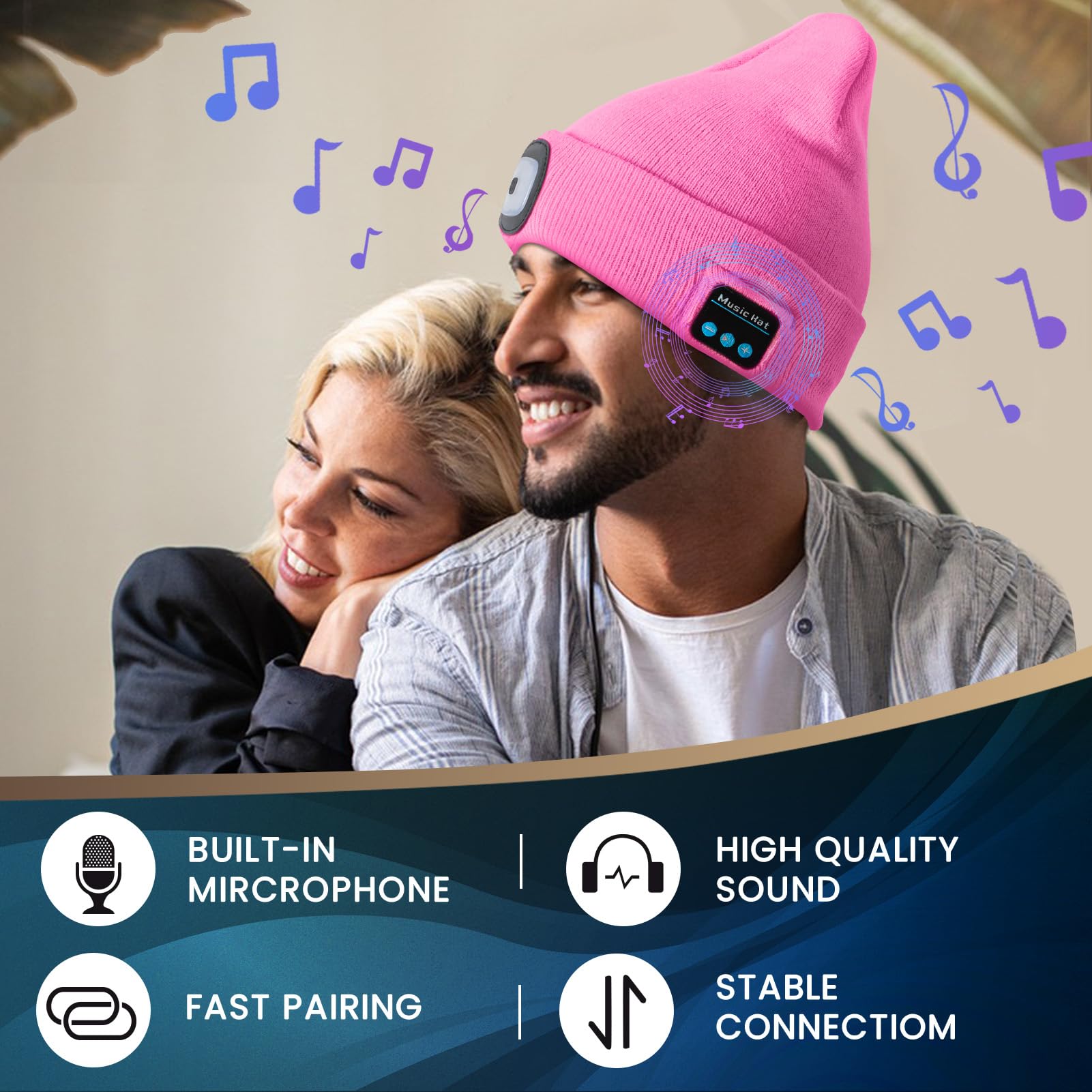 VIB high-standard Bluetooth Beanie Hat with Light, USB Rechargeable, Wireless Headphones, Model BHL2413, Pink, 100% Acrylic