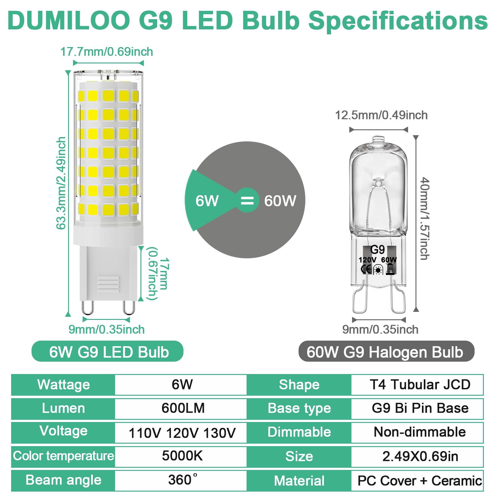 DUMILOO G9 LED Bulb 6W, 5000K Daylight White, 600LM, Ceramic Base, Non-Dimmable, 6 Pack for Chandeliers Home Lighting