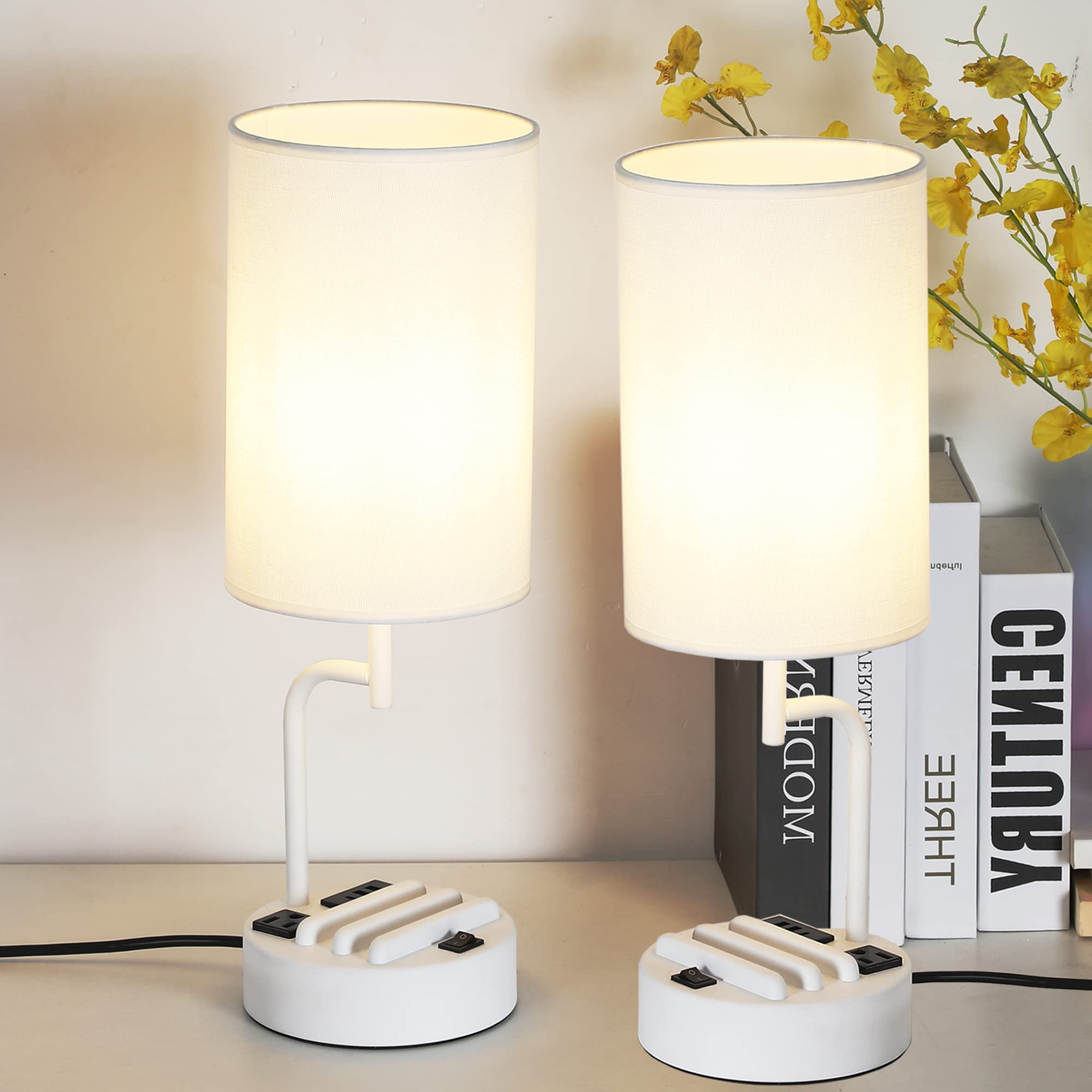Dreamholder Table Lamp with 3 USB Ports & AC Outlet, White, Pack of 2, Modern Design for Bedroom, Living Room, Office