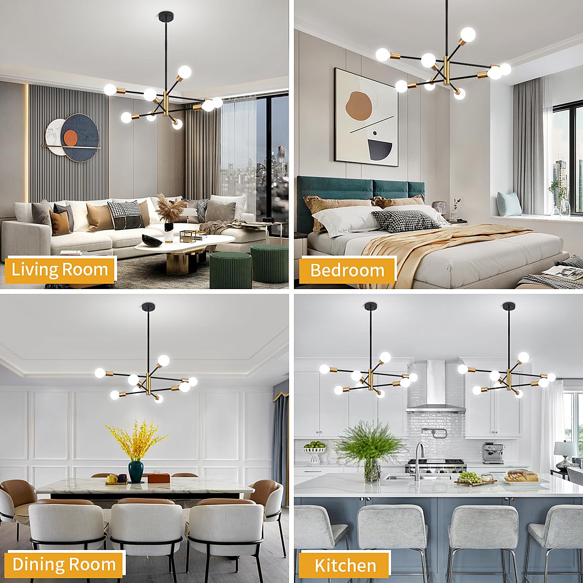 ZSMIHDOH 8-Light Chandelier, Modern Sputnik Design, Metal, Black & Gold, Model Huazhi-68T