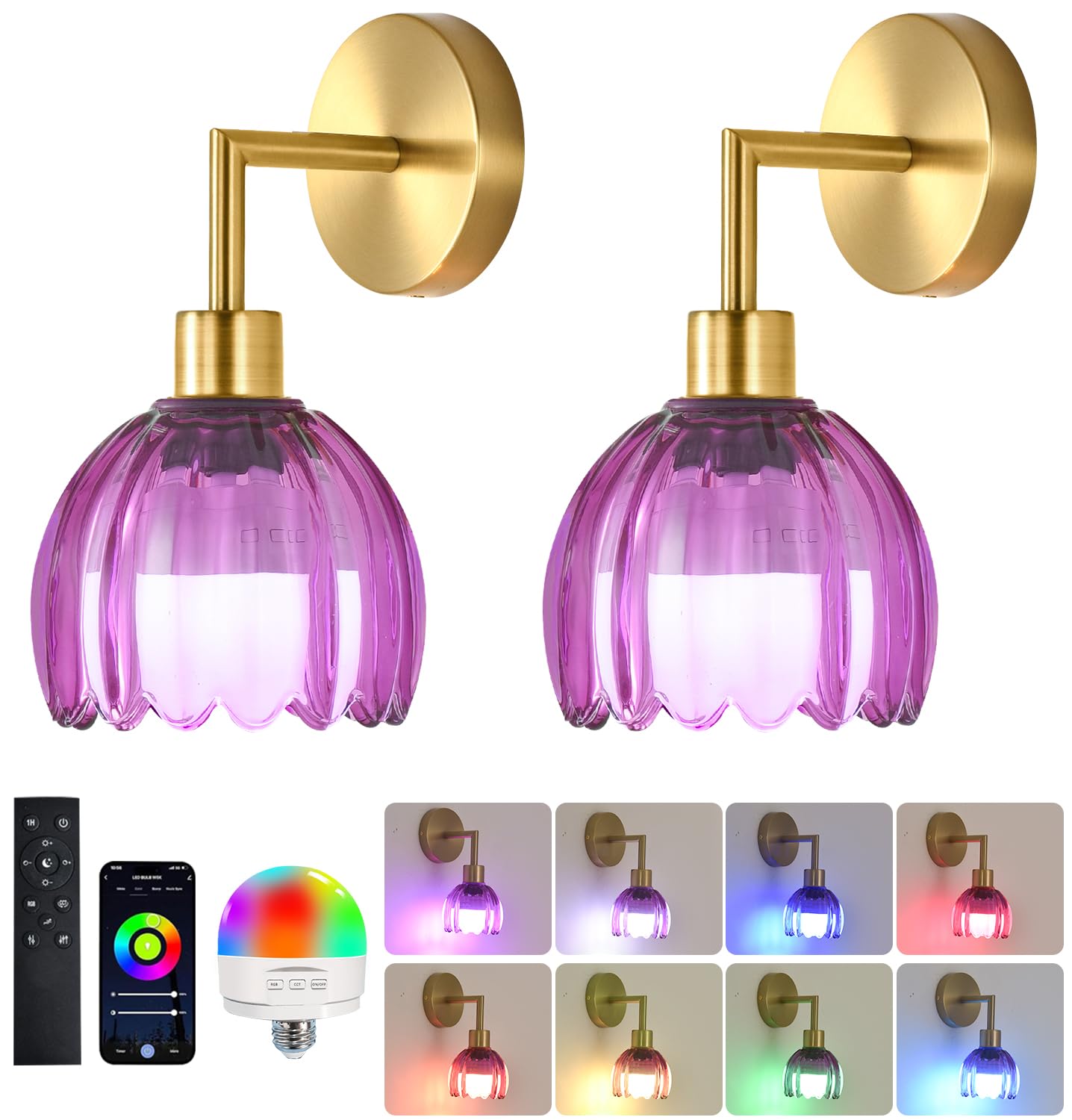 WLQCWL Gold Battery Operated Wall Sconces Set of 2, Wireless Remote Control, Glass Lampshade, Vintage Design, Model 001