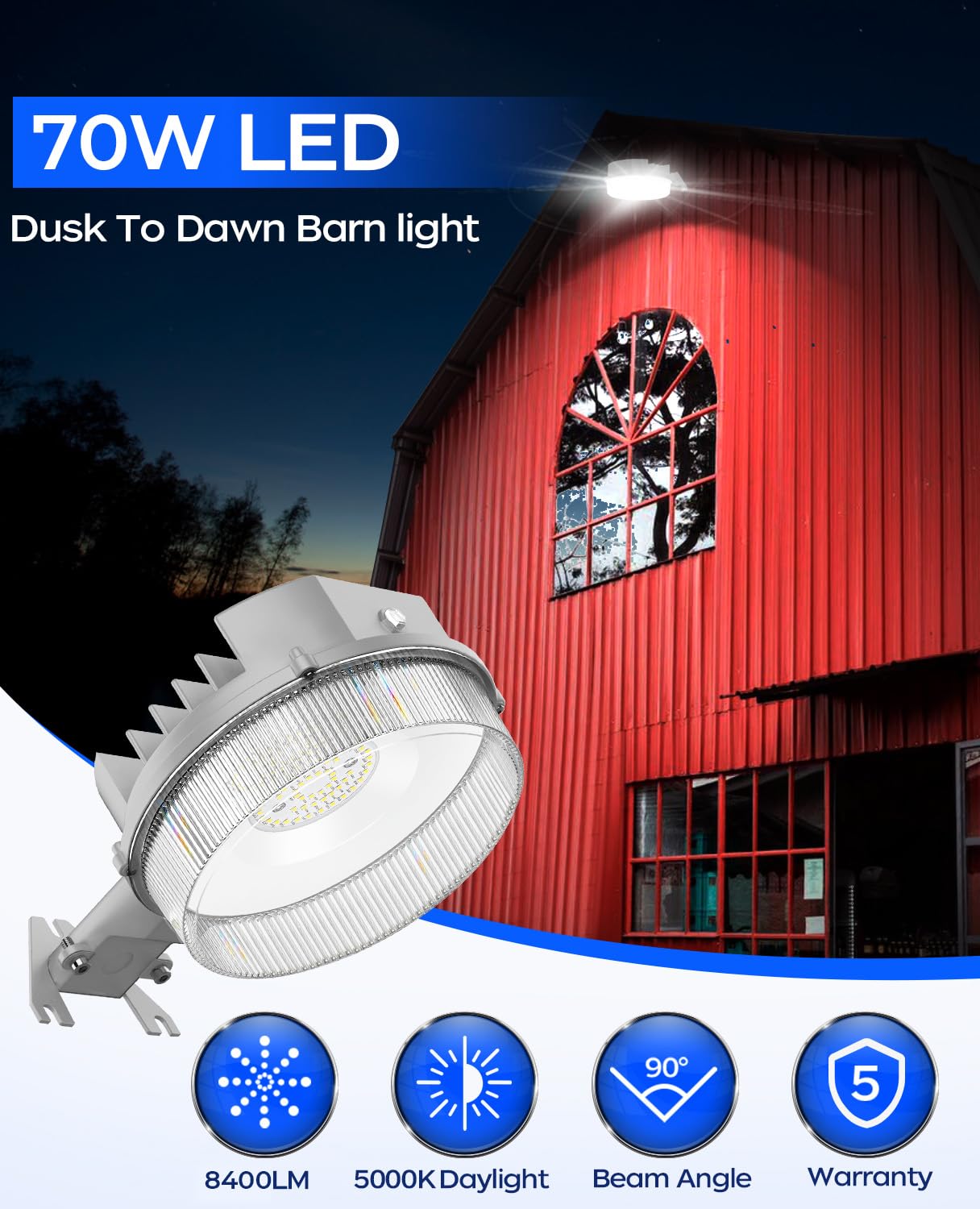 Cinoton Led Barn Light, Dusk To Dawn Outdoor Lighting, 70W 8400Lm 5000K Daylight, Exterior Security Flood Light With Photocell,