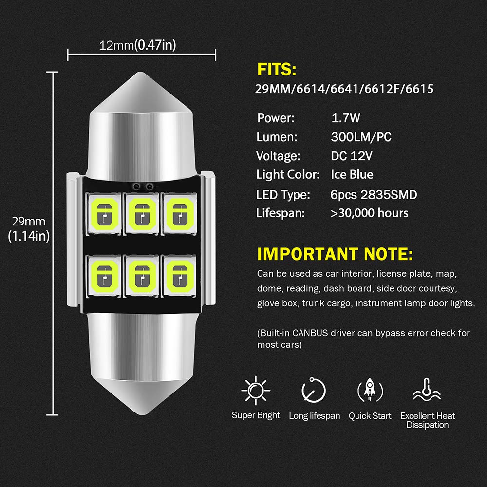 Auxlight 6614 6641 6612F 6615 F30-Whp Ts-14V1Cp 29Mm 1.14   Festoon Led Interior Light Bulbs Ice Blue, Super Bright 6Smd Chips F