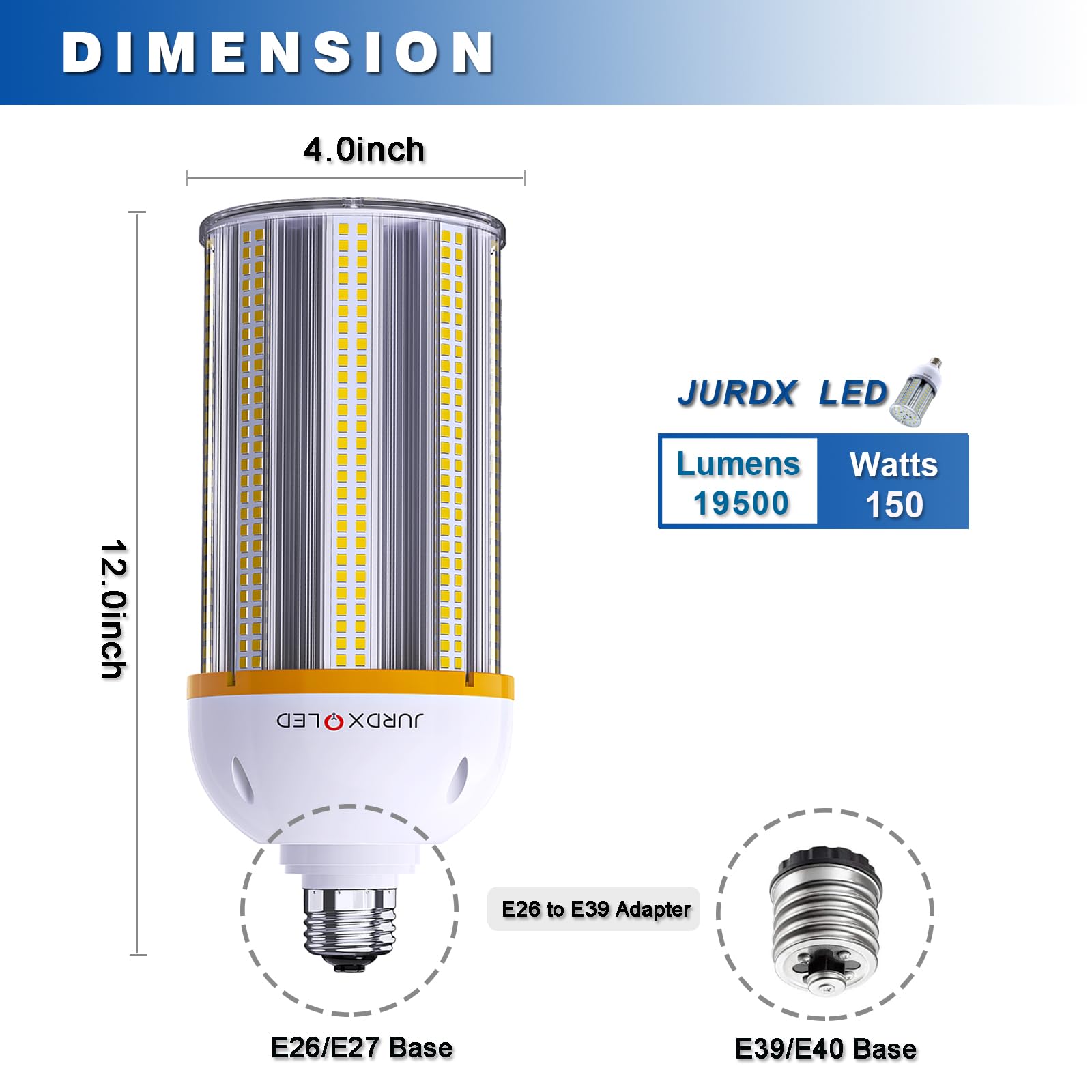 2Pack Led Corn Light Bulb19500 Lumen 3000K 150W Large Area Yellow Light E26/E39 Base For Outdoor Indoor Garage Warehouse Factory