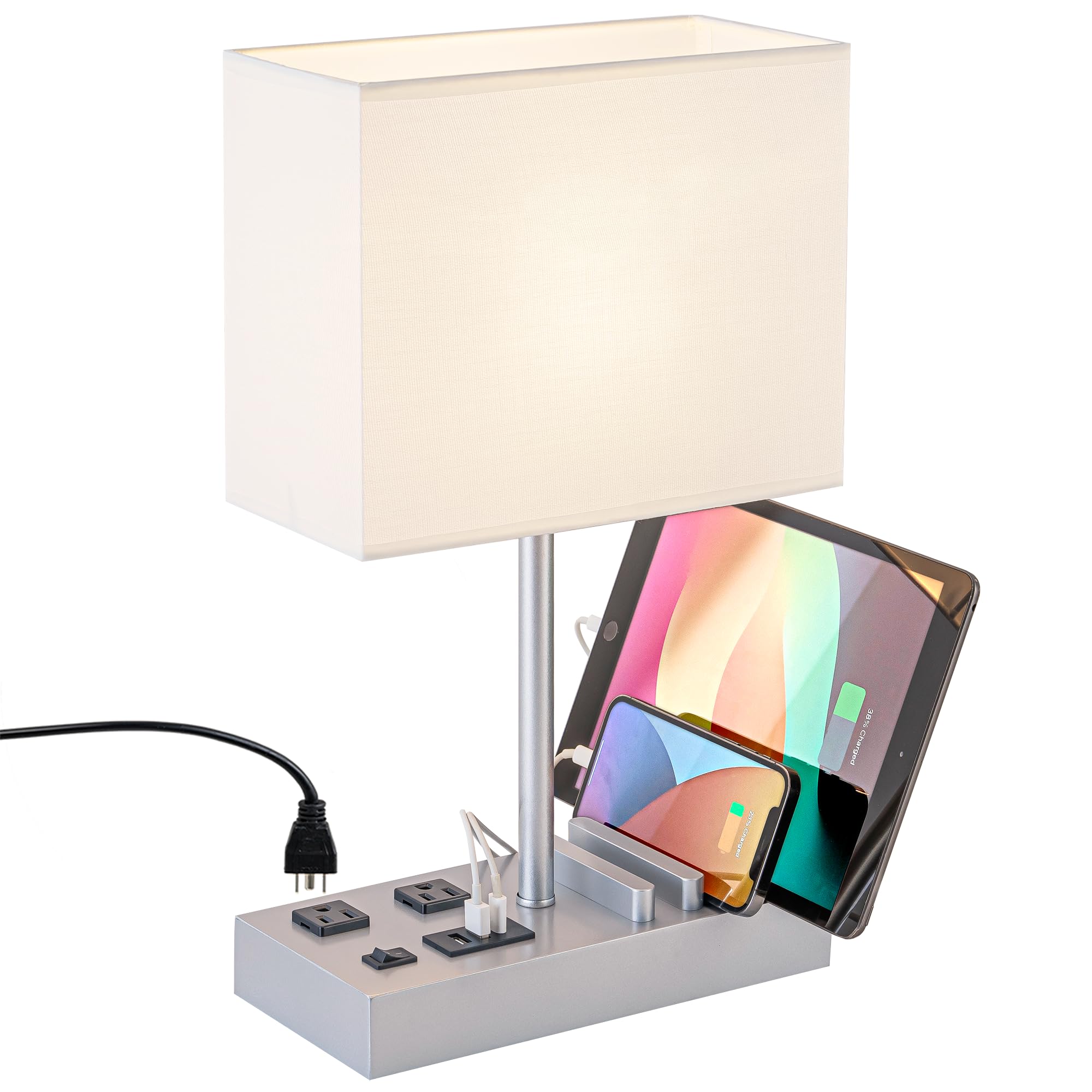 Dreamholder Bedside Table Lamp with 3 USB Ports, 2 AC Outlets, Silver Wood Base