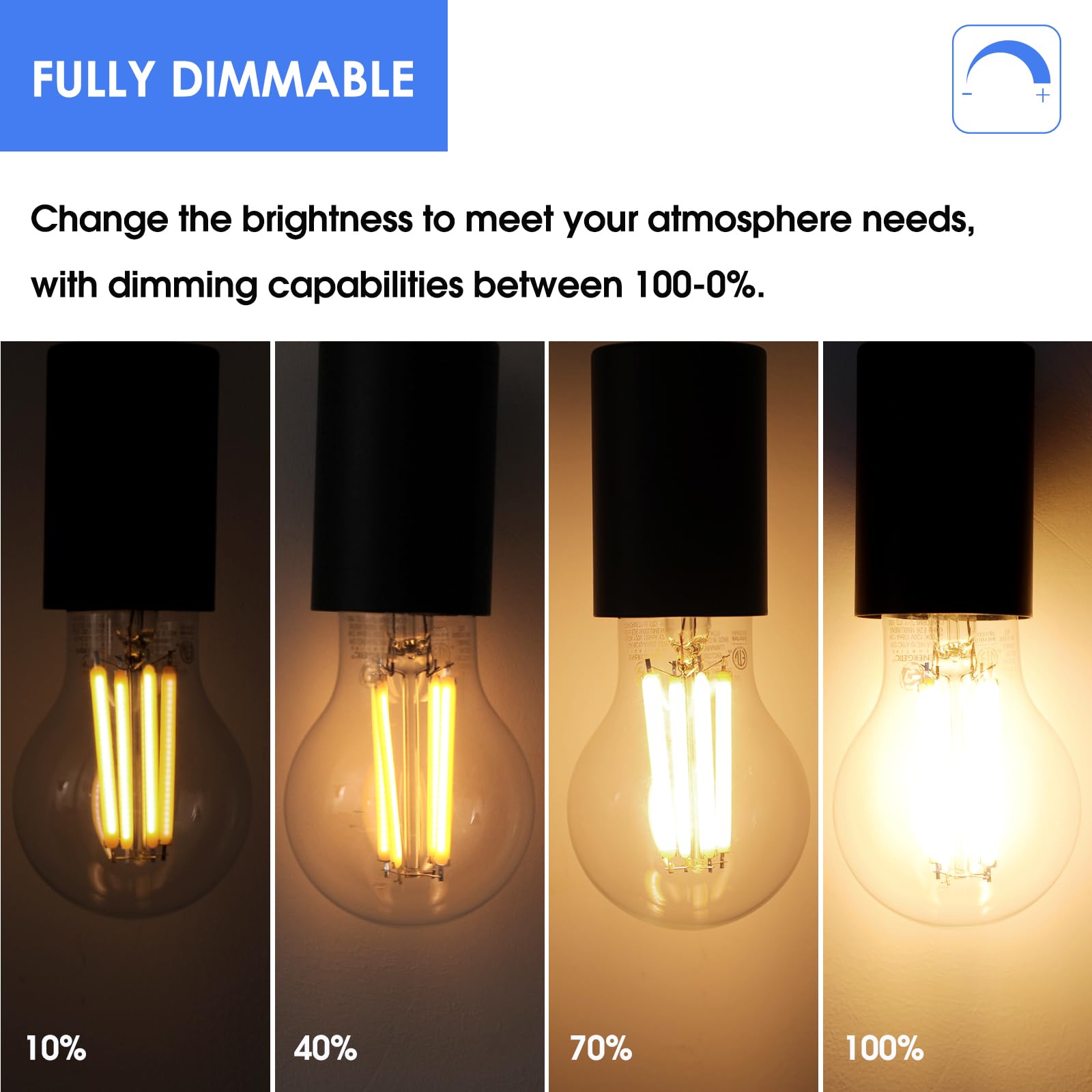 Energetic Dimmable A19 Led Edison Light Bulb, 12W Equivalent 100W, 1600Lm High Brightness, 3000K Warm White, Clear Antique Led F