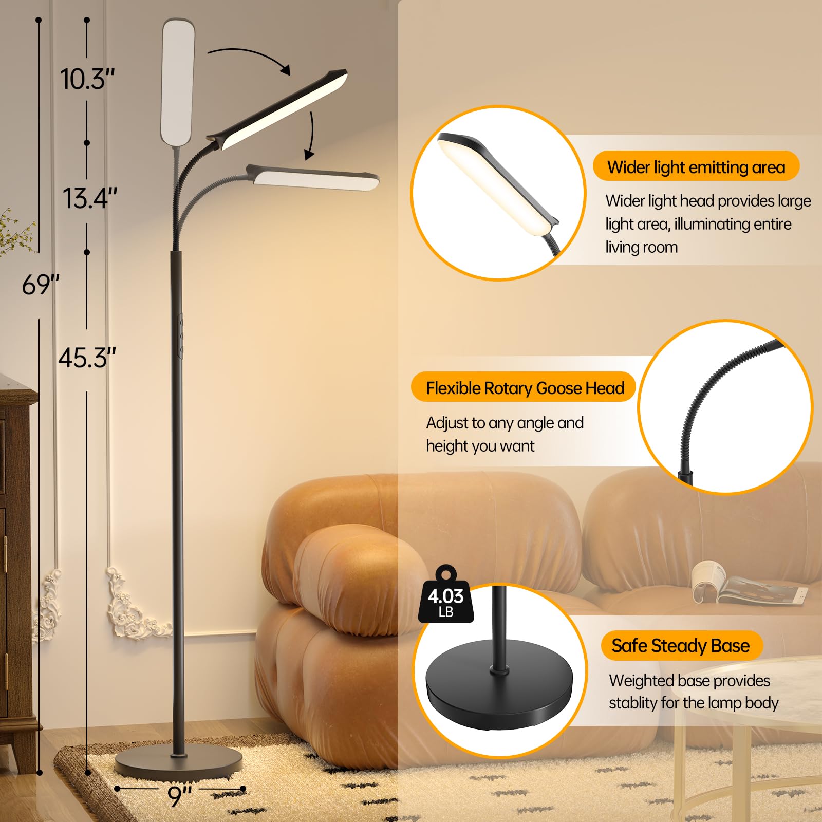 Led Floor Lamp, 18W Super Bright Floor Lamp For Living Room, Adjustable Stepless Colors & Brightness Gooseneck Standing Lamp, Ey