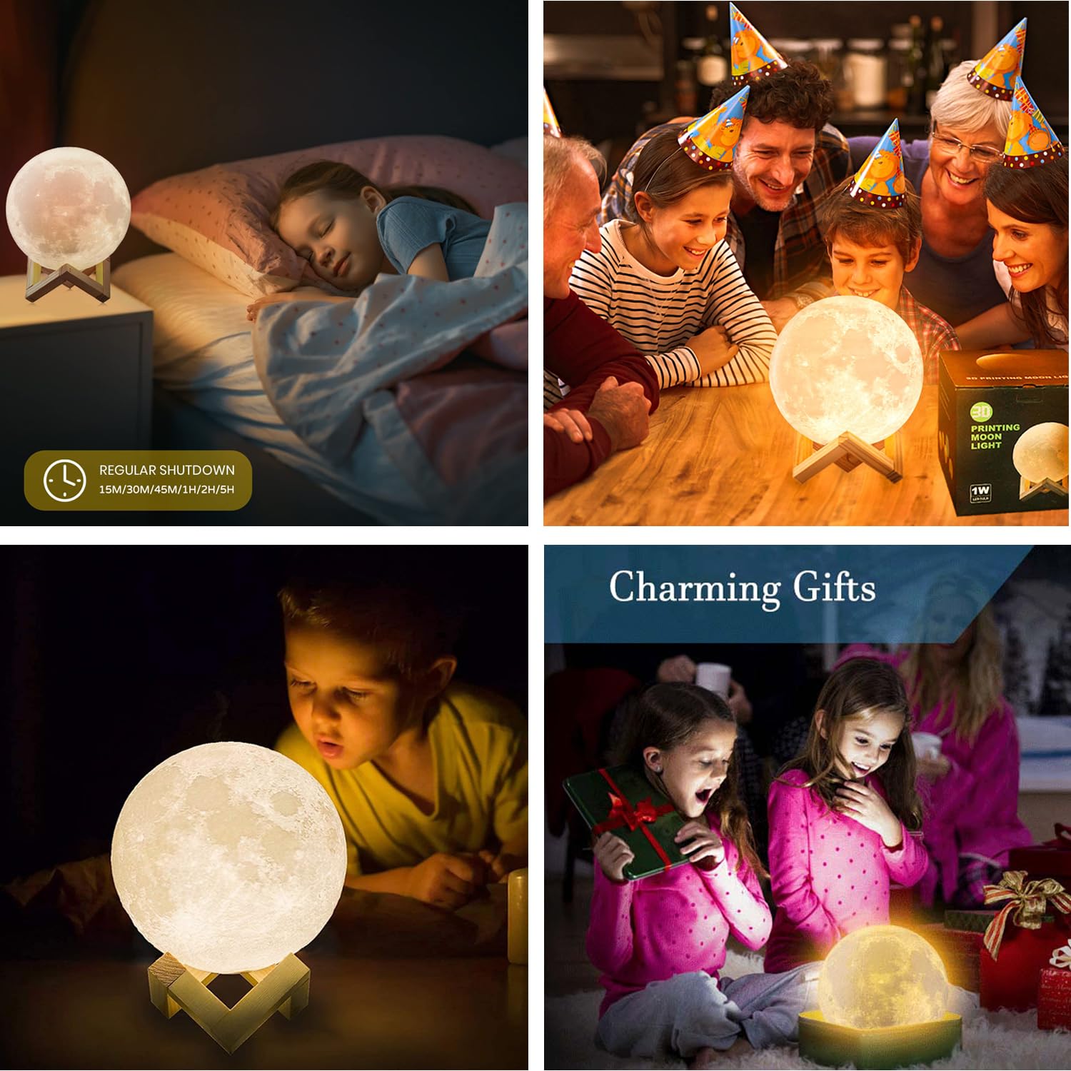 CPLA 3D Printing Moon Lamp Night Light, 6 inch, Multicolor, Model LX-YQL1216, Wooden Stand, Remote/Touch Control