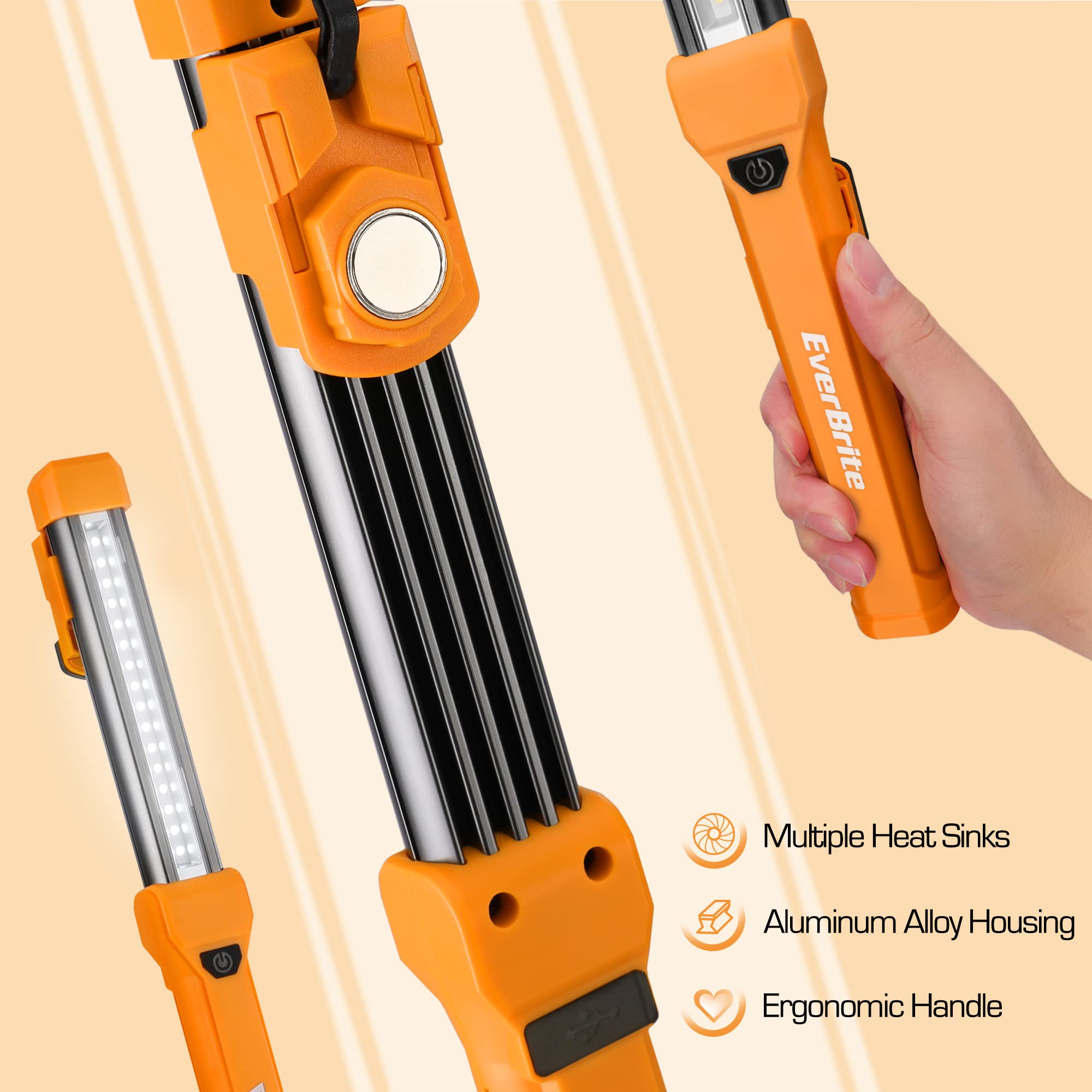 Everbrite 1000Lm Led Work Light, Rechargeable Work Light For Mechanics With Dual Magnetic Bases&Hanging Hooks, 4 Lighting Modes,