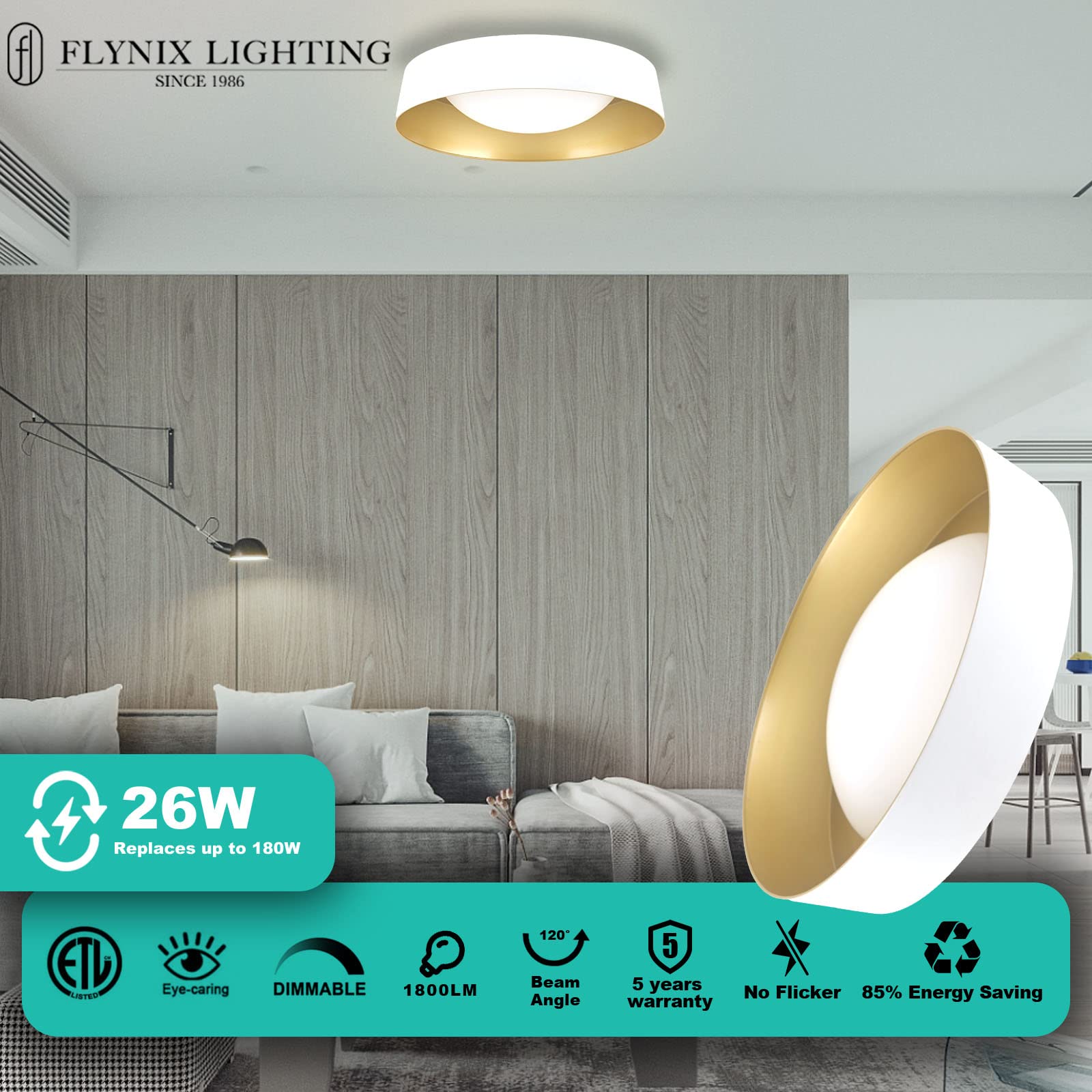 Flynix 15.5 Inch Led Flush Mount Ceiling Light Fixture, 26W, Super Bright 1800 Lumen, 3 Color 3000K/4000K/5000K, Matt White With