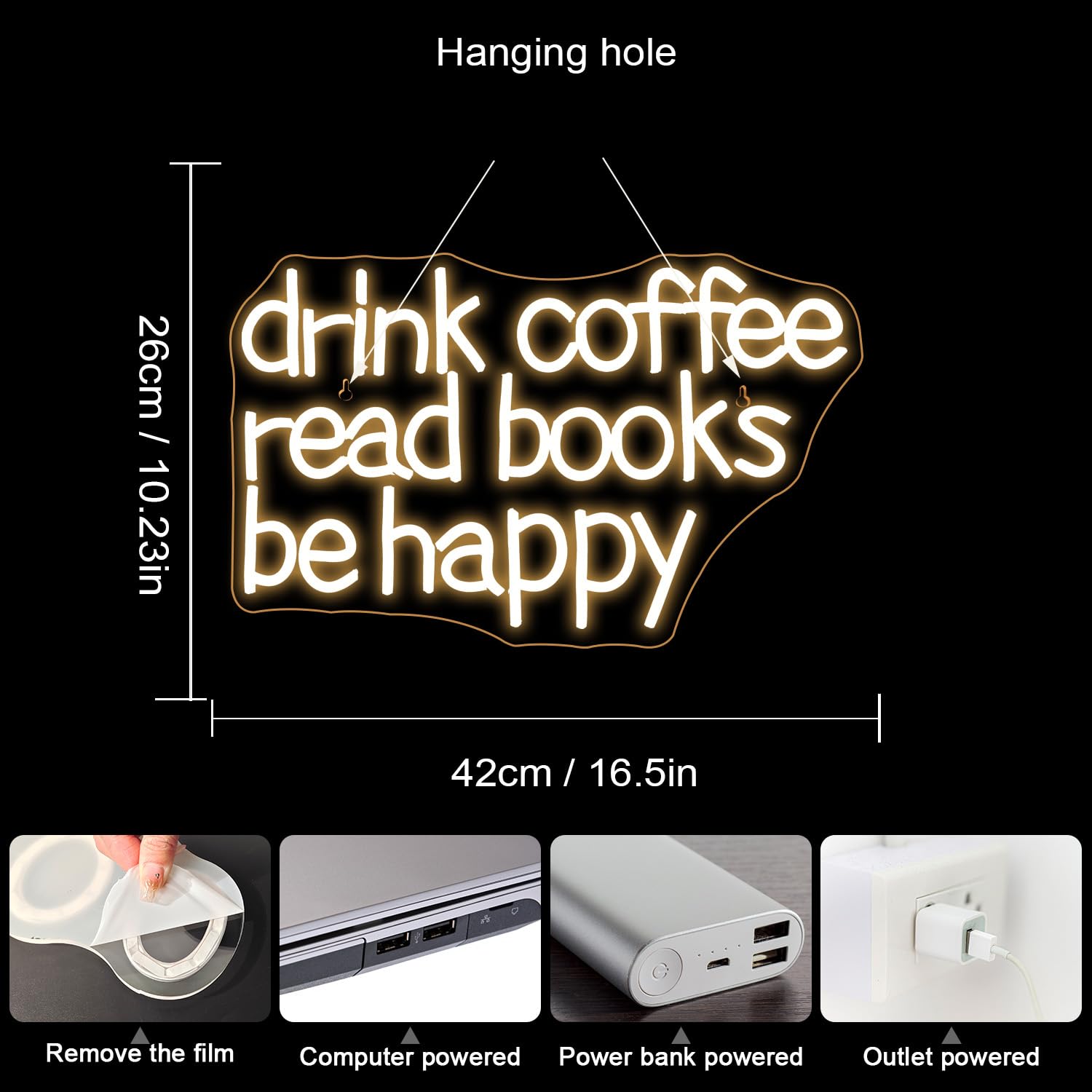 Looklight Neon Sign - Drink Coffee Read Books, Warm White LED Light for Wall Decor, USB Dimmable, Coffee Book Color