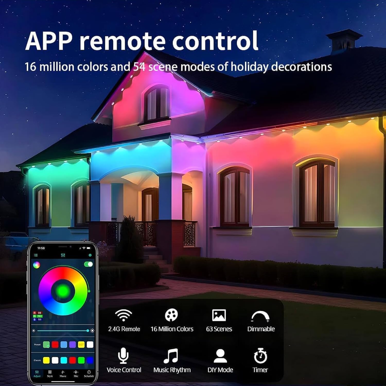 HConce Permanent Outdoor RGB-IC LED Eaves Lights, 300ft, IP67 Waterproof, Multicolor, Smart App & Remote Control