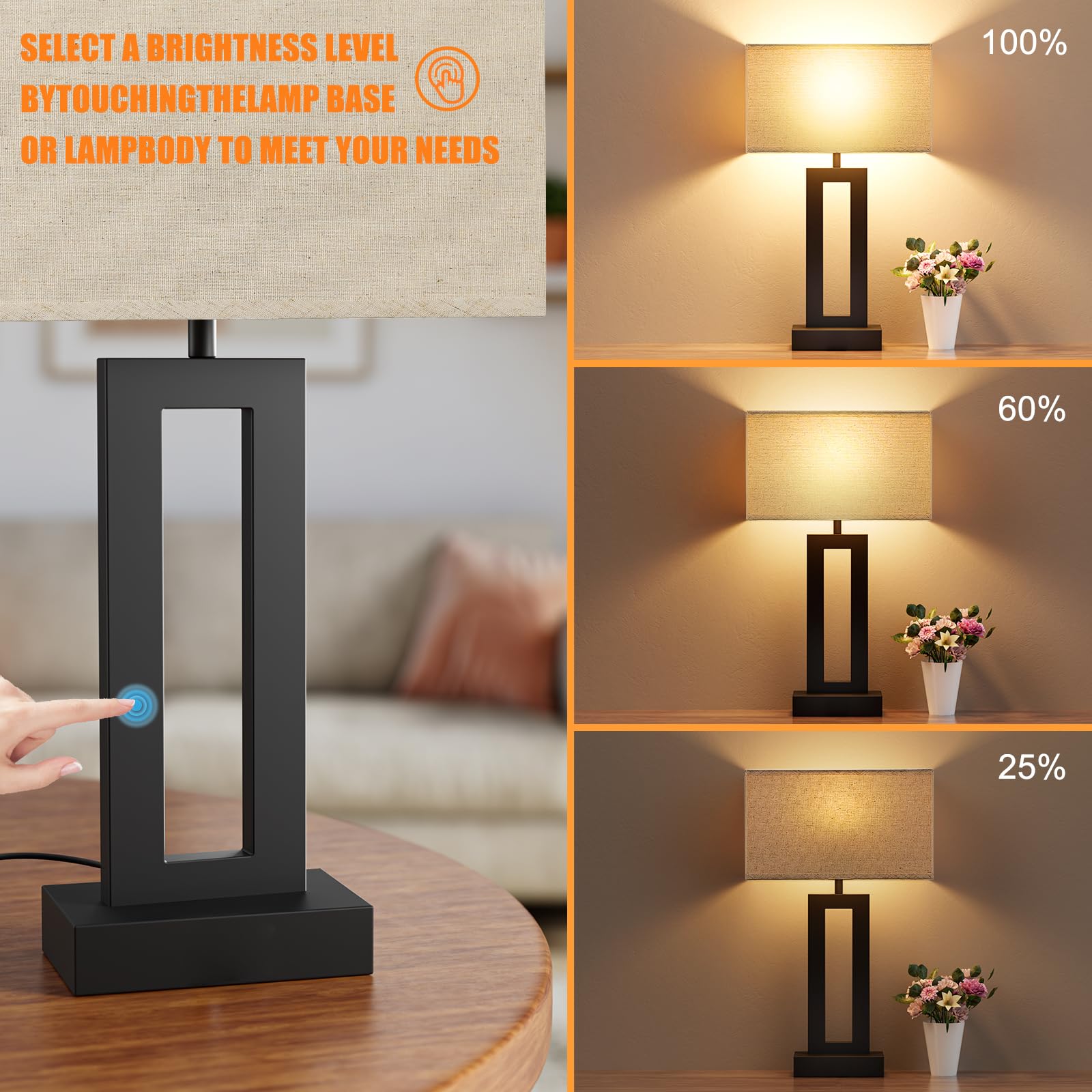 Seealle Bedroom Lamps - Touch Control, 3-Way Dimmable, USB Charging, Medium (19.6in), Beige & Black