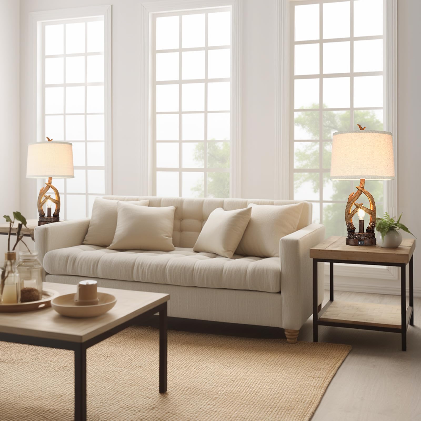 Altgedecor Rustic Table Lamps Farmhouse Antler Lamps Set Of 2 Western Bedside Lamps For Bedroom With Usb Charging Ports Nightlig