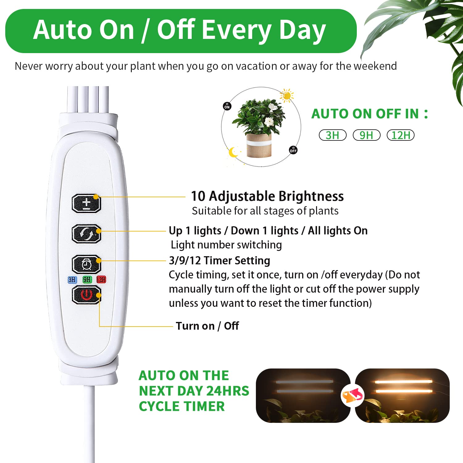 Two Strip Growing Lamp 2-Pack For Indoor Plants, 3000K Full Spectrum Led Grow Light Strips With Auto On/Off 3/9/12H Timer & 10 Dimmable Levels For Green House Succulent (2 Head×2Pcs)