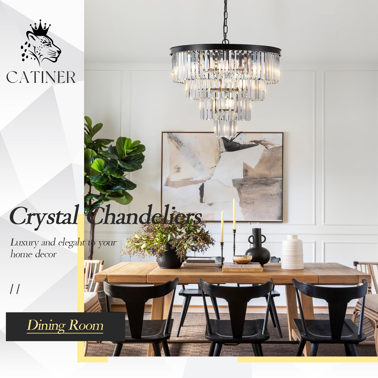 Catiner Modern Black Crystal Chandeliers,24    Ceiling Round Chandelier,Luxury Flush Mount Pendant Light Fixture With Chain Farm