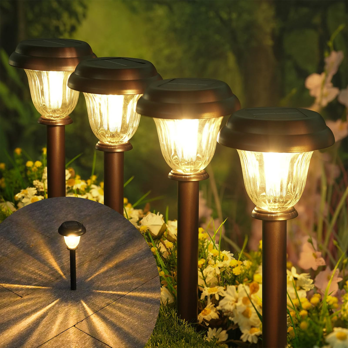 Deraysion Solar Lights Outdoor 6 Pack, Stainless Steel Glass Solar Pathway Lights, Auto On/Off Long-Lasting Ip65 Waterproof Land