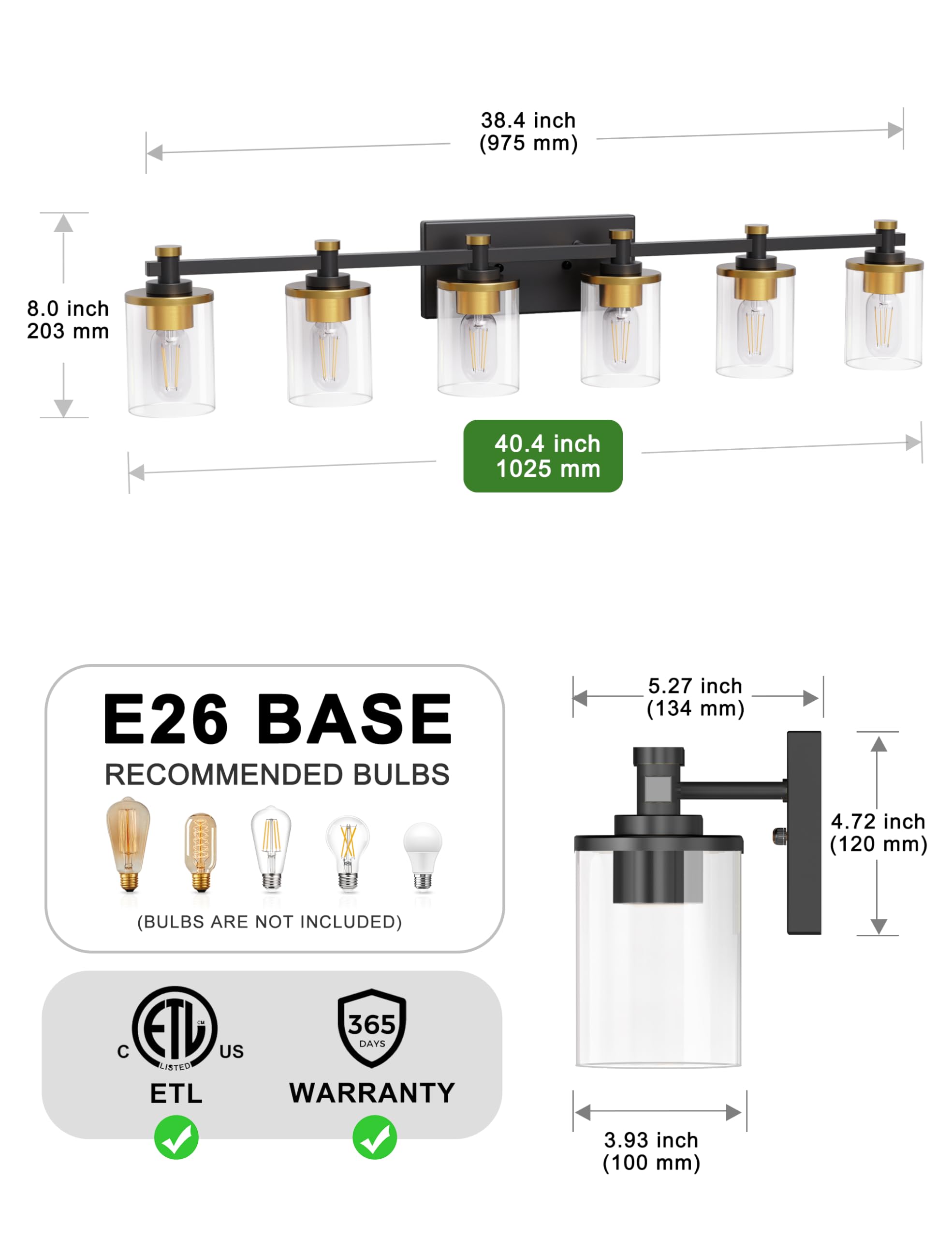 L Lohas Led 6 Light Bathroom Vanity Light  Black And Gold Bathroom Light Fixture Over Mirror  Modern Lighting Fixtures With Clear Glass Shade  Vintage Vanity Lights For Bathroom Mirror Hallway  Etl
