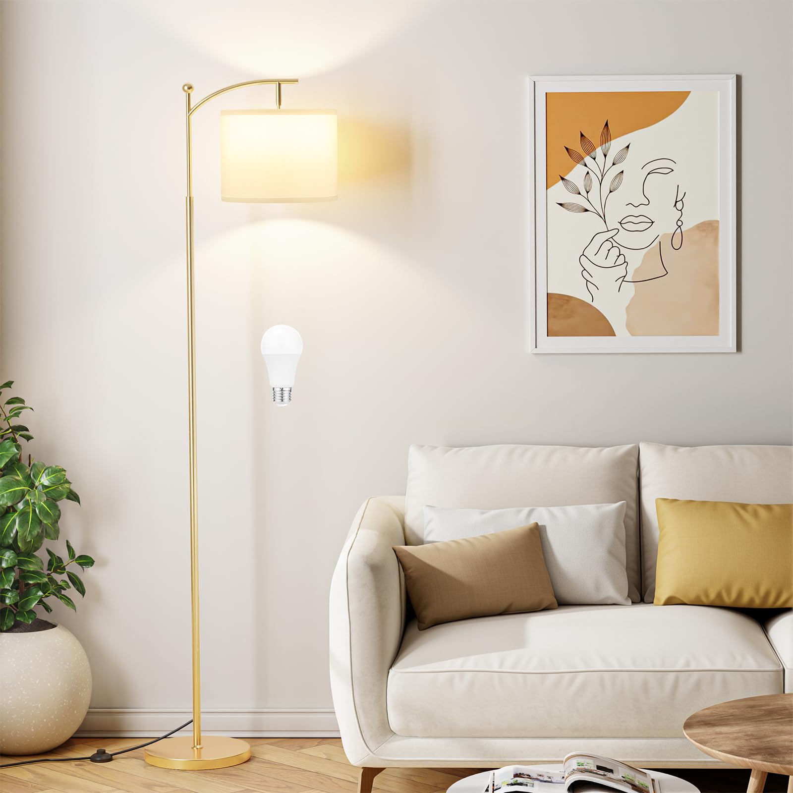 60&quot; Floor Lamps for Living Room with 3 Color Temperatures, Adjustable White Shade with Gold Pole, Tall Lamps for Living Room Bedroom Office Classroom Dorm Room, 9W Bulb Included