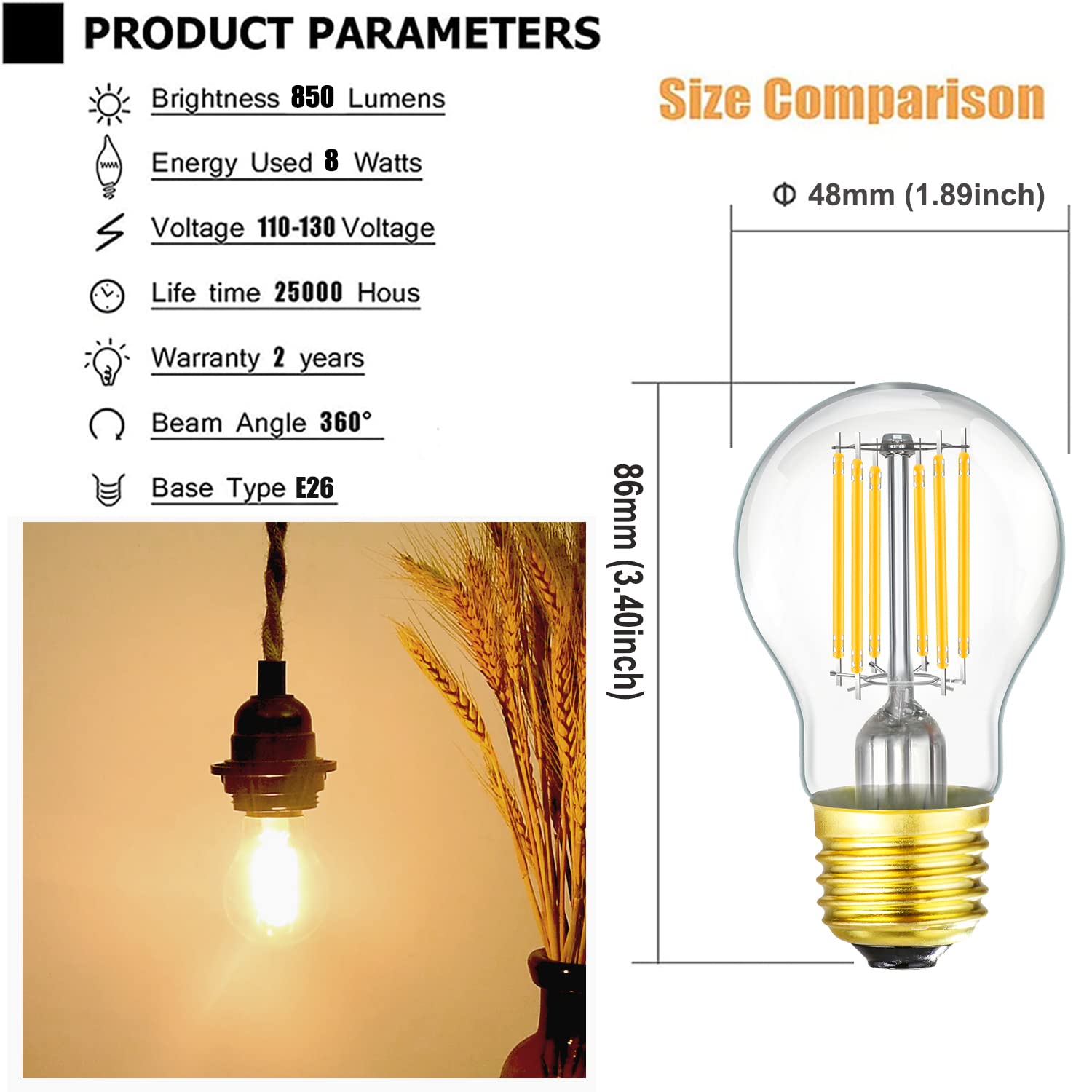 Leools Dimmable E26 Edison Bulb A15 8W Soft White 3000K Glass 6-Pack