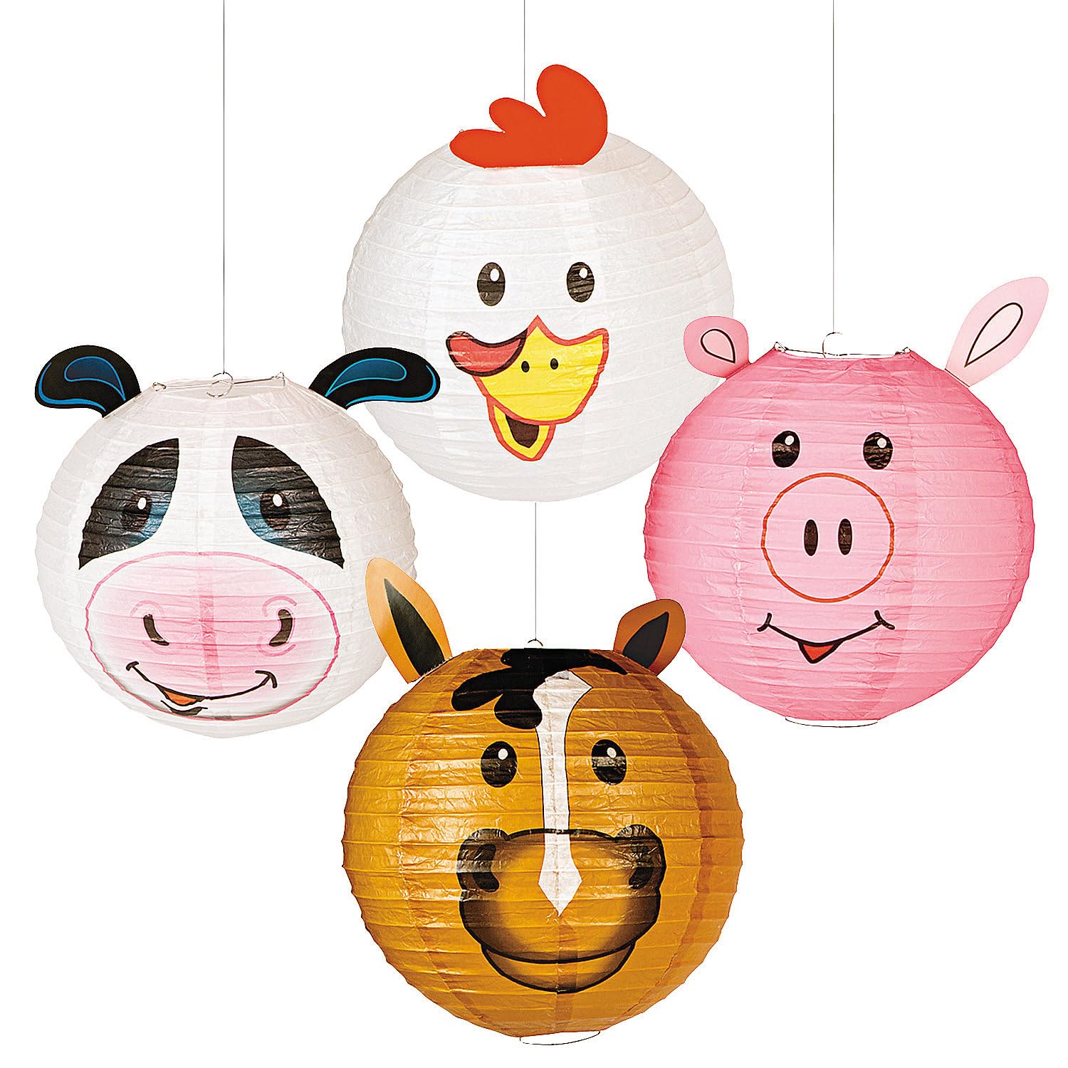 Fun Express Farm Party Animal Lanterns Set – 12" Multicolor Paper Lanterns – Chicken, Cow, Pig, Horse – 4-Piece Model 13721652
