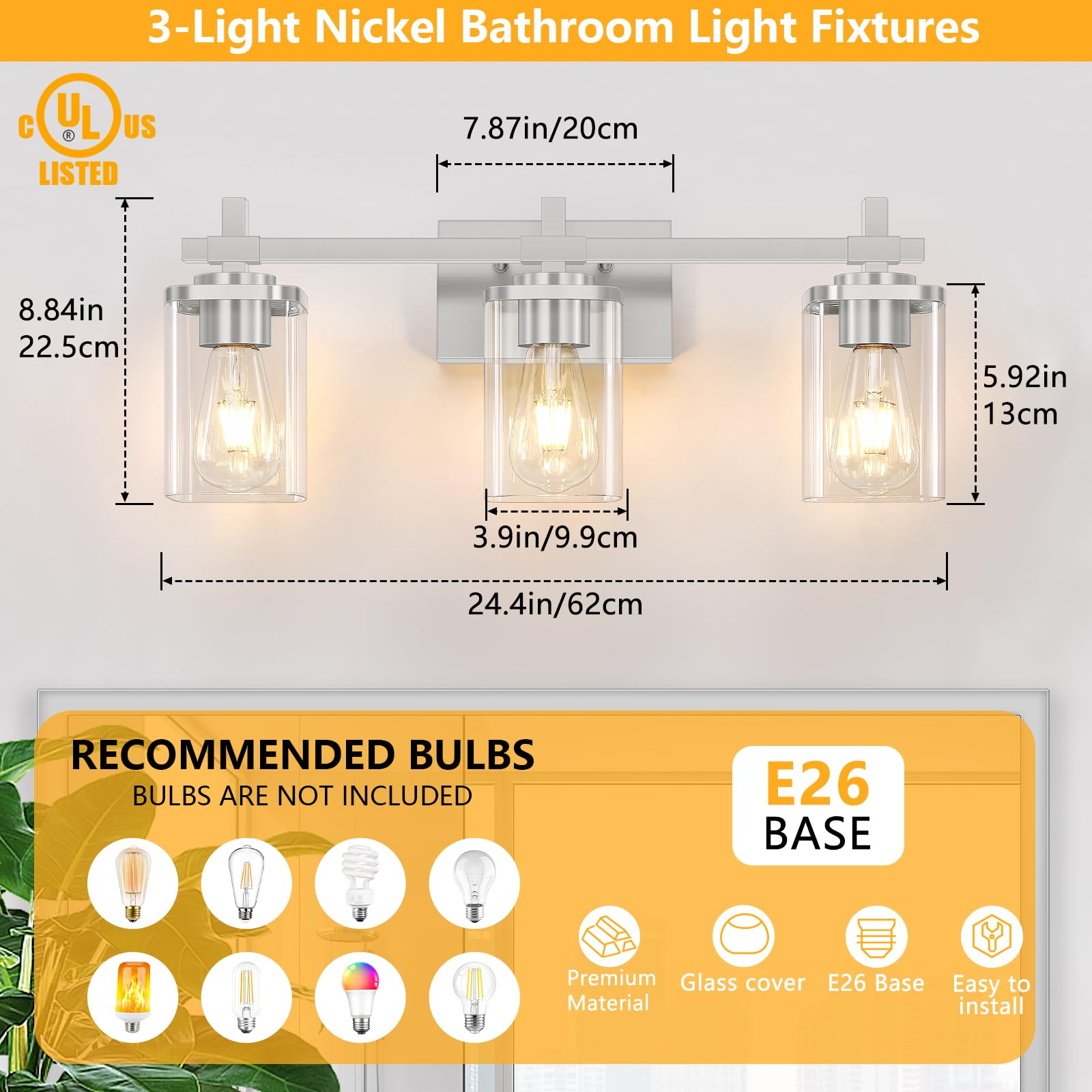 Spiglamm Brushed Nickel Bathroom Light Fixtures, 3-Lights Bathroom Vanity Light With Glass Shades, Modern Vanity Lights For Mirr