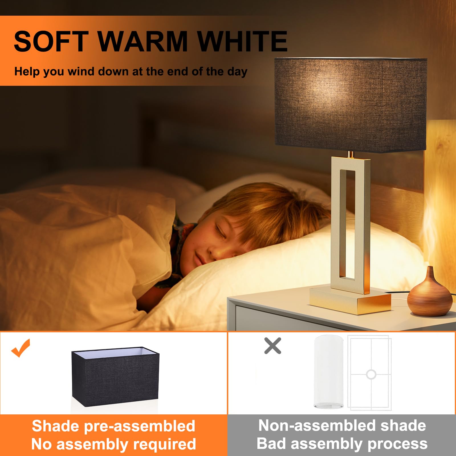 Seealle Nightstand Table Lamps Set of 2 - Touch Control, 3-Way Dimmable, Metal, Medium (19.6in), Black & Gold, Model jinshumian1