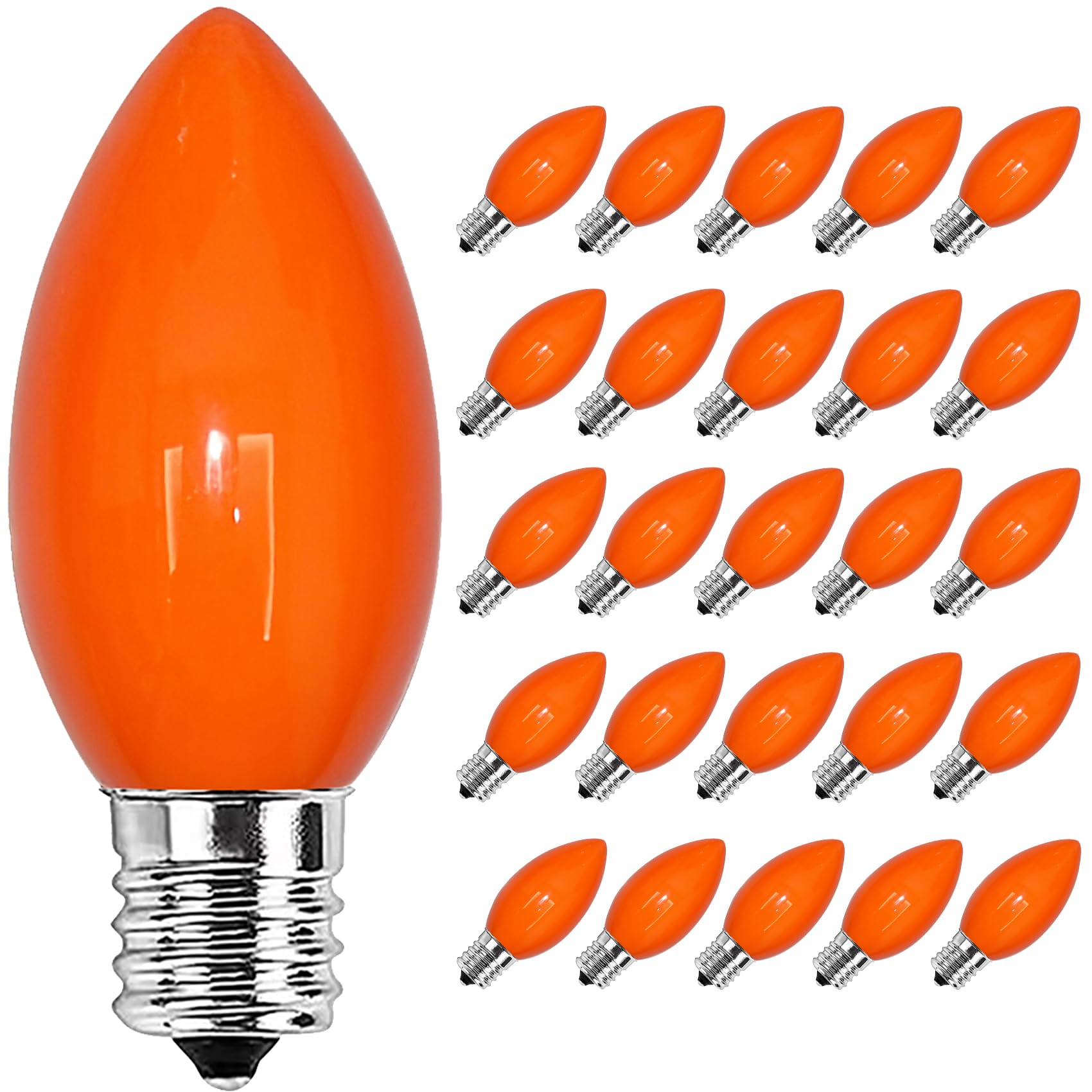 SUNSGNE C9 Orange Outdoor Halloween Night Light Bulbs, 25 Pack, E17/C9 Base, 7 Watt, Glass, Ideal for Indoor/Outdoor Use