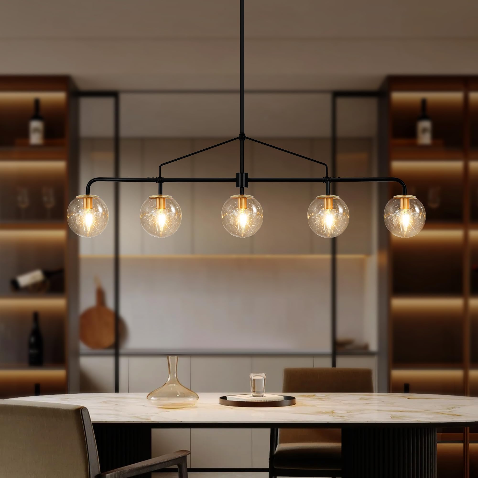 Lzawvm Linear Chandelier for Dining Room 39 Inch Kitchen Island Chandelier Black and Gold Modern 5 Lights Seeded Glass Globe Linear Pendant Light for Farmhouse  Living Room