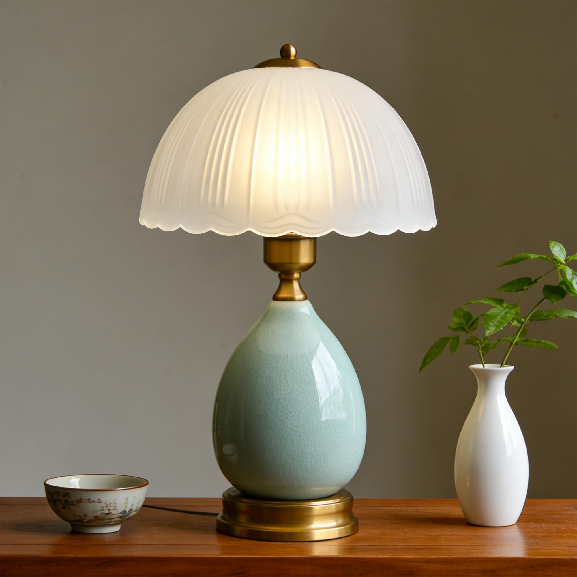 WELAISA Table Lamps Ceramic Retro Lamp for Living Room 16.73 Modern Bedside Nightstand Traditional Lamps  Classic Chinoiserie Green Glass Lamp for Home (French Country)