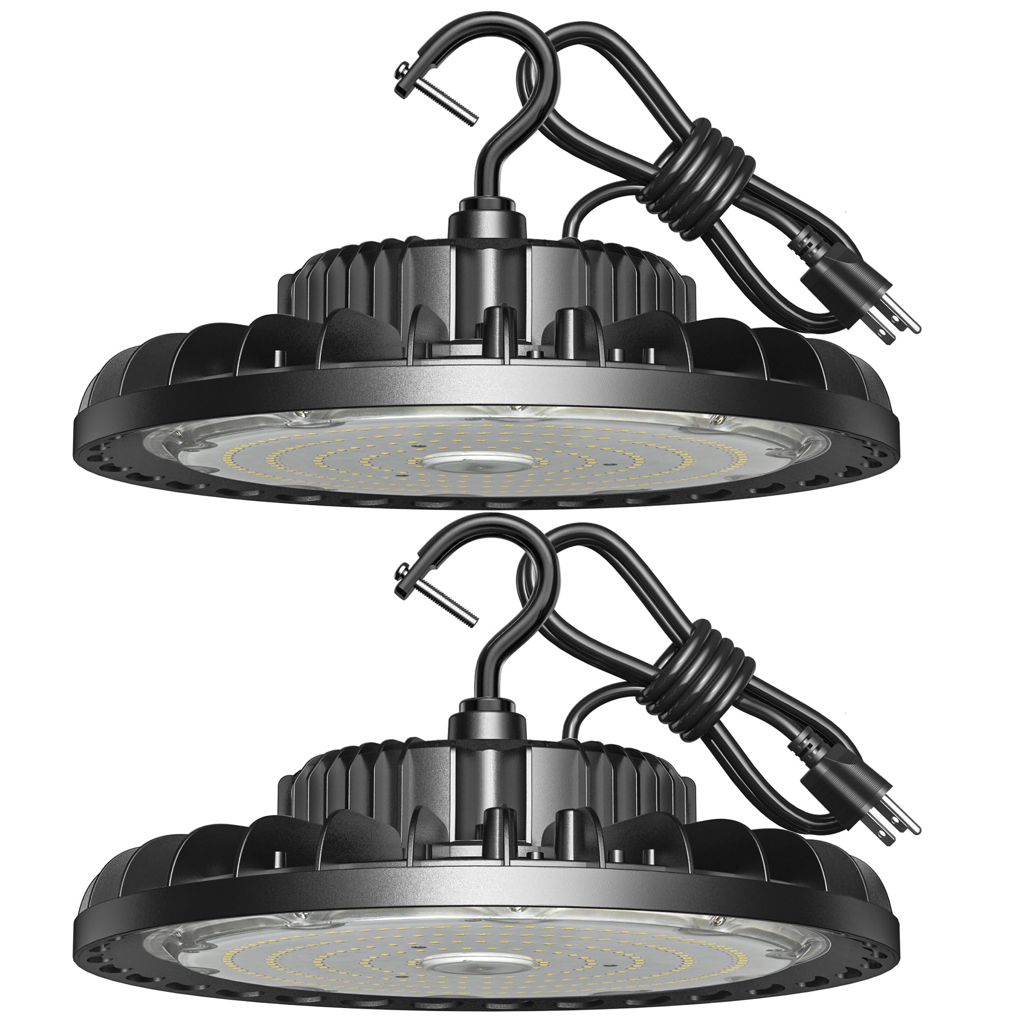 SHINEWOO LED High Bay Light 150W 21000LM 5000K UFO, Waterproof, 2 Pack, Black, Model HC-UFO150S