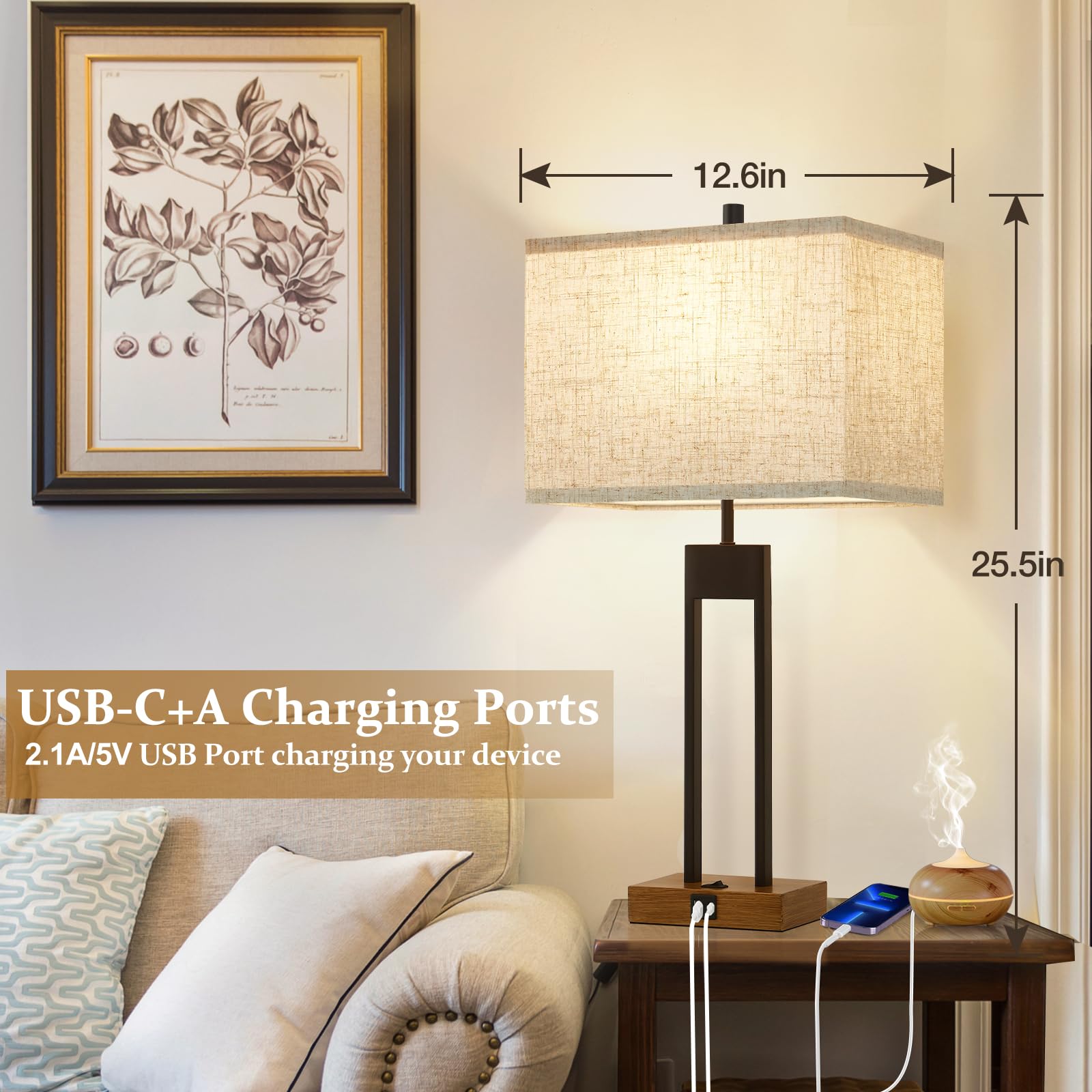 25.5’’ Set Of 2 Table Lamp With Usb C+A Ports, 3 Colors Changeable Bedside Lamps, Modern Bedroom Lamps For End Tables Set Of 2, Brown Night Stand Lamps For Bed Side Guest Room Office Reading