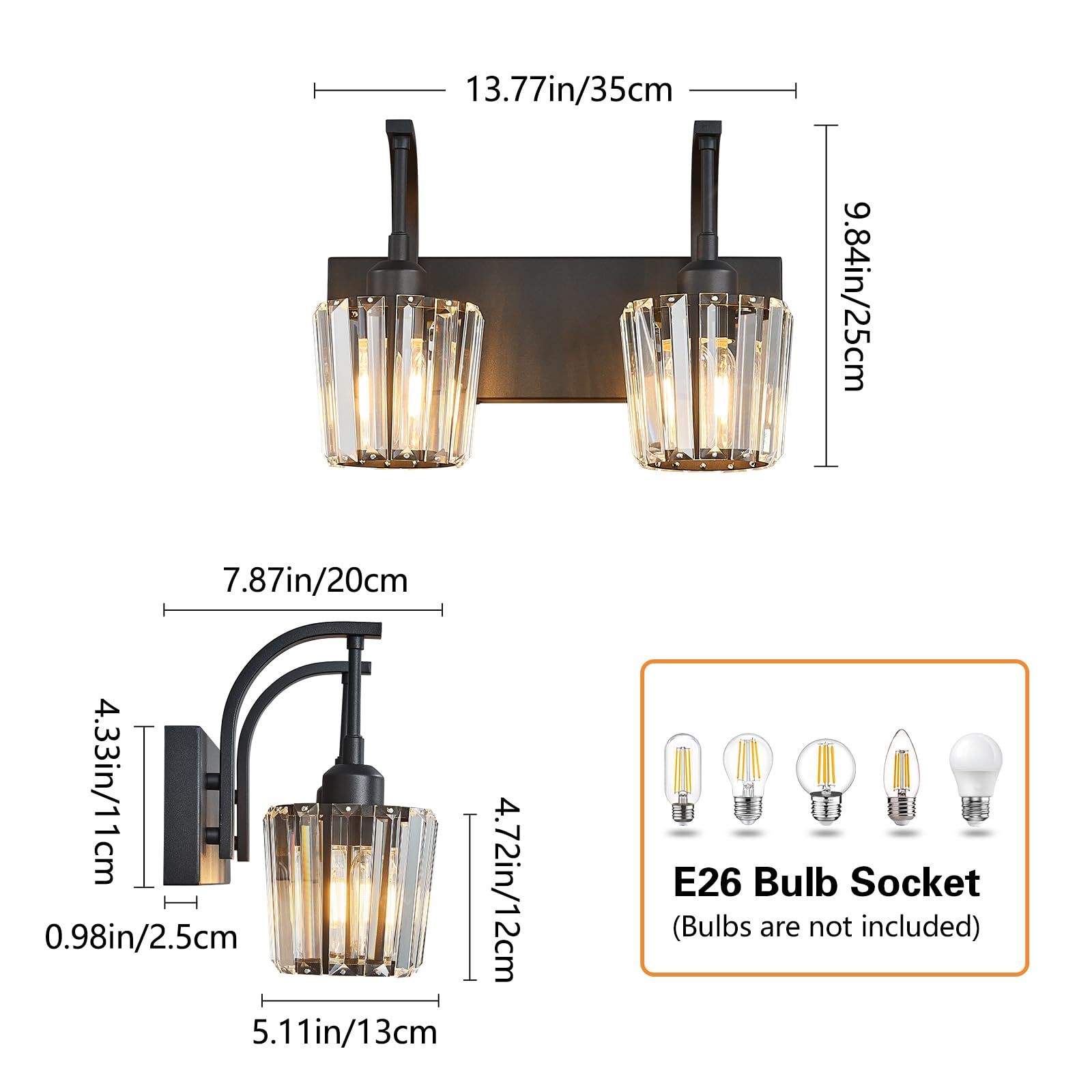 Fdpby Modern Bathroom Vanity Light  2-Light Black Wall Sconce With Crystal Accents  Over Mirror Bathroom Lighting Fixture  13.77 Long Dimmable Vanity Lamp For Makeup  Easy Installation