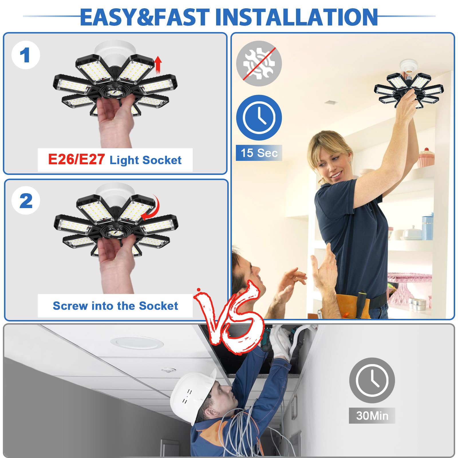 Aoretic LED Garage Lights, 200W 20000LM, 8 Deformable Panels, 6500K, 2 Pack, Ideal for Garage, Basement, Barn Ceiling Lighting