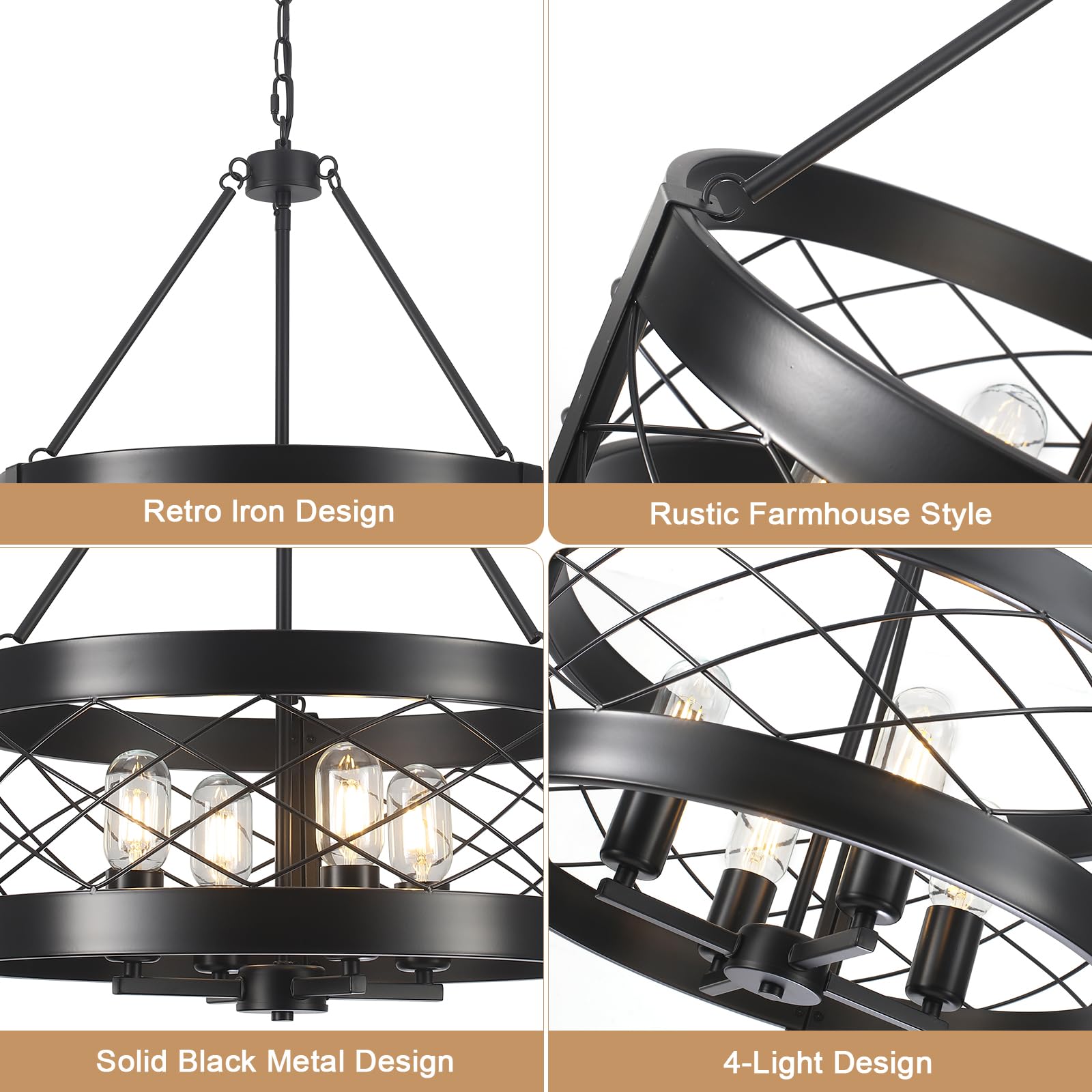 Kostomo Farmhouse Chandelier 4-Light Adjustable Dining Room Light Fixture Kitchen Island Lighting Drum Rustic Hanging Lights For