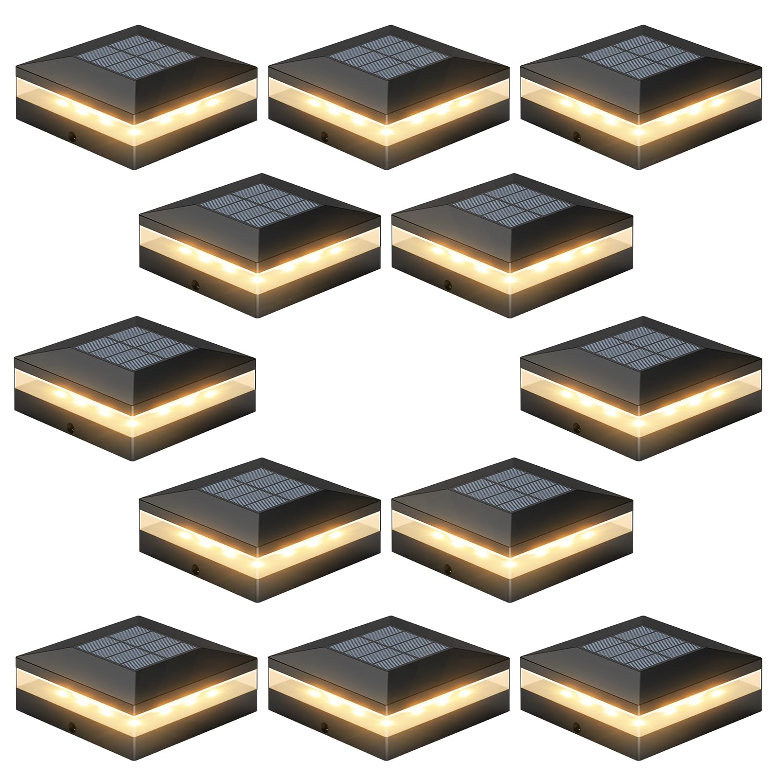 Viewsun 12 Pack Solar Post Cap Lights, 3 Color Modes Fence Post Solar Lights Outdoor with 72 LEDs, IP65 Waterproof Deck Lights D