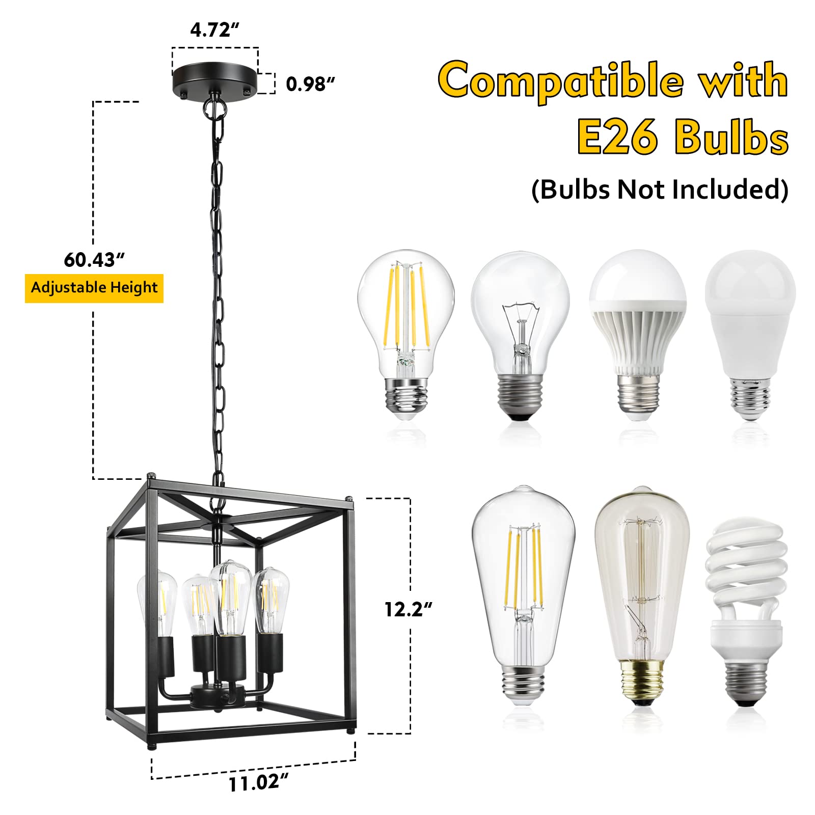Unicozin 4-Light Black Iron Lantern Chandelier, Adjustable Height, E26 Base, Rustic Cage Design for Kitchen Island & Dining Room