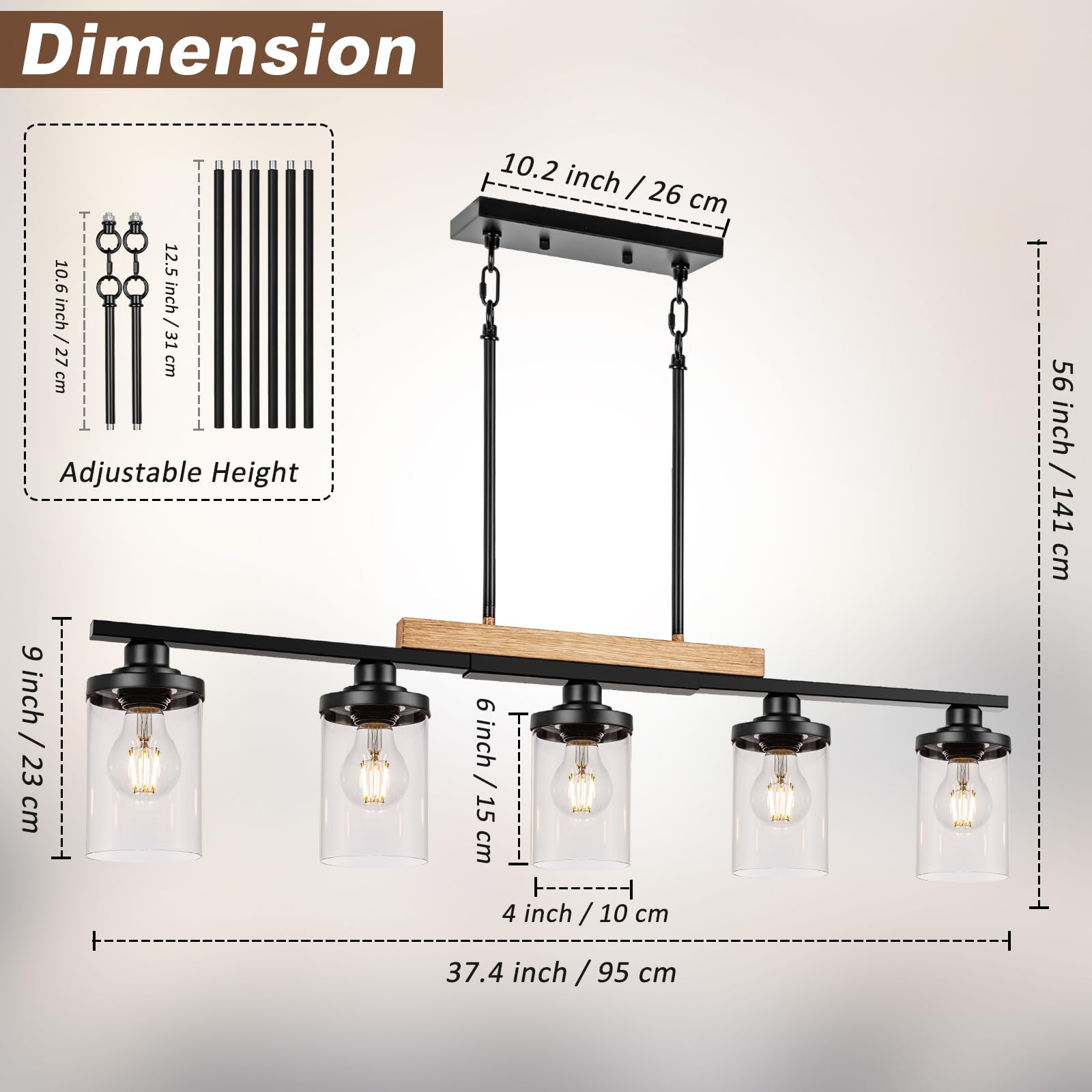 5-Light Kitchen Island Lighting, Farmhouse Dining Room Chandelier Over Table, Modern Pendant Light Fixture With Adjustable Height, Large Black Ceiling Light For Dining Table Sloped Ceiling Compatible