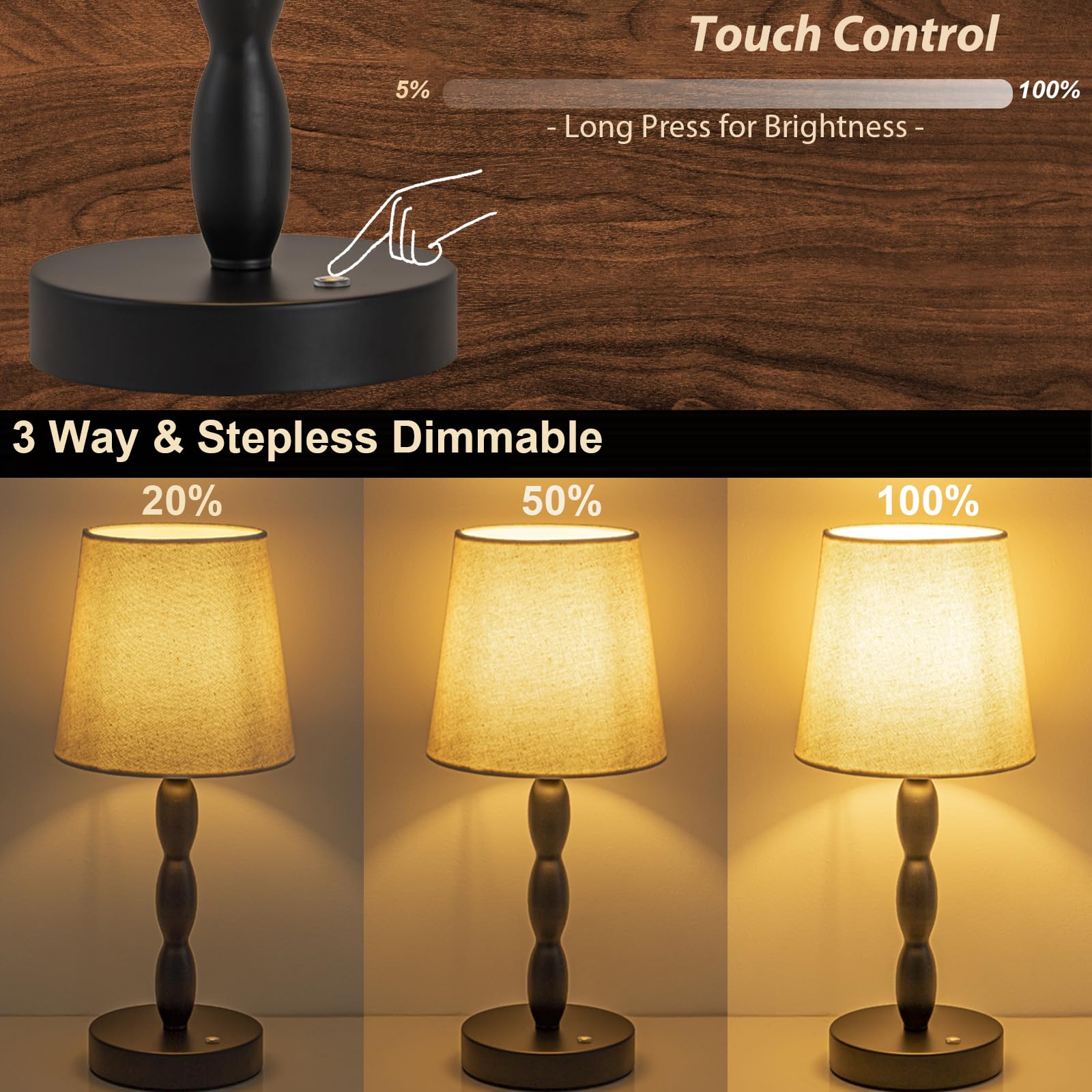 CASTLELIFE Portable Cordless Table Lamp - Touch Control, Rechargeable, 3-Level Brightness, Dimmable, Black - Ideal for Bedroom, Restaurant, Outdoor