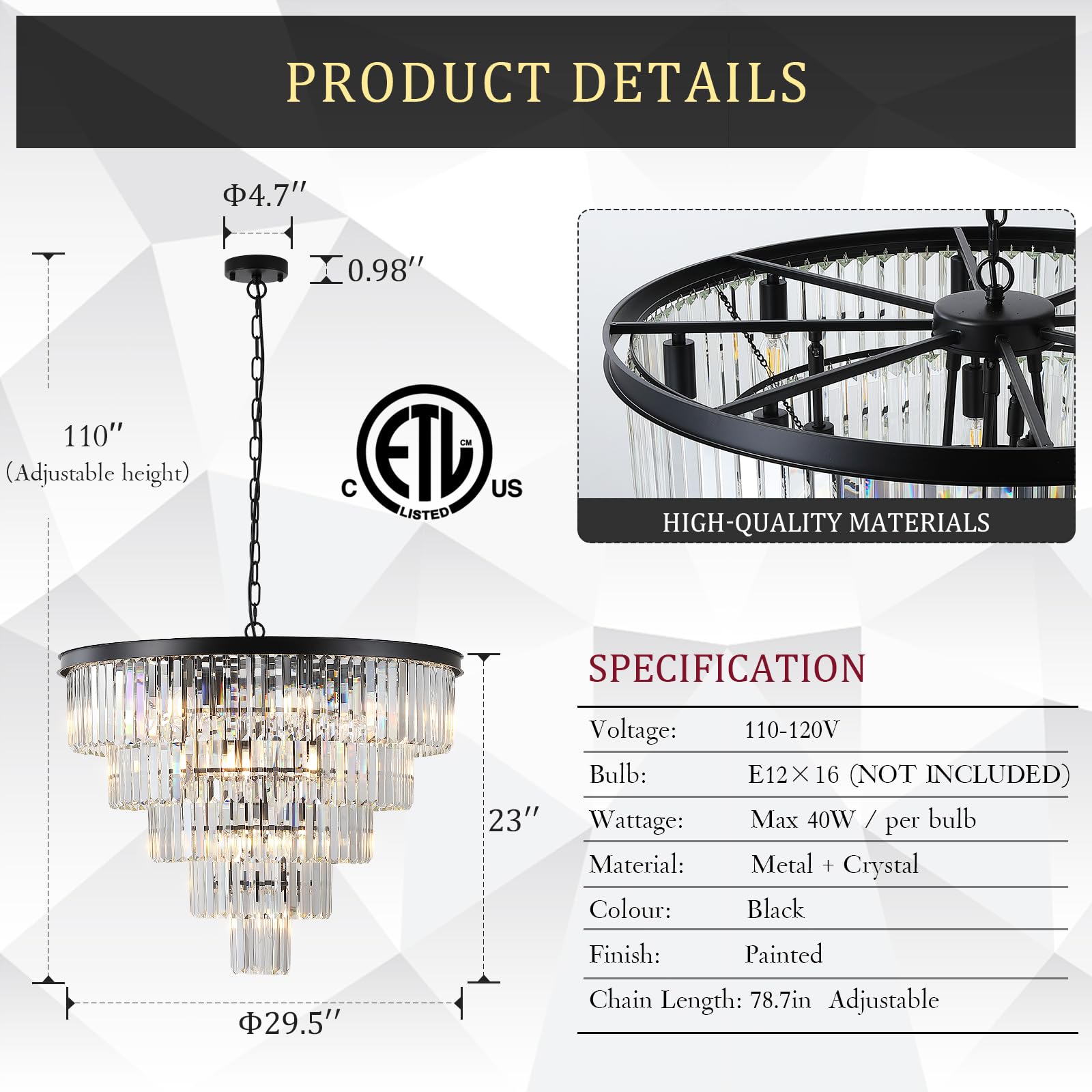 CATINER Large Black Crystal Chandelier, 30” Modern 5-Tier Pendant Light, 16 Lights for High Ceiling Foyer, Dining Room, Staircase