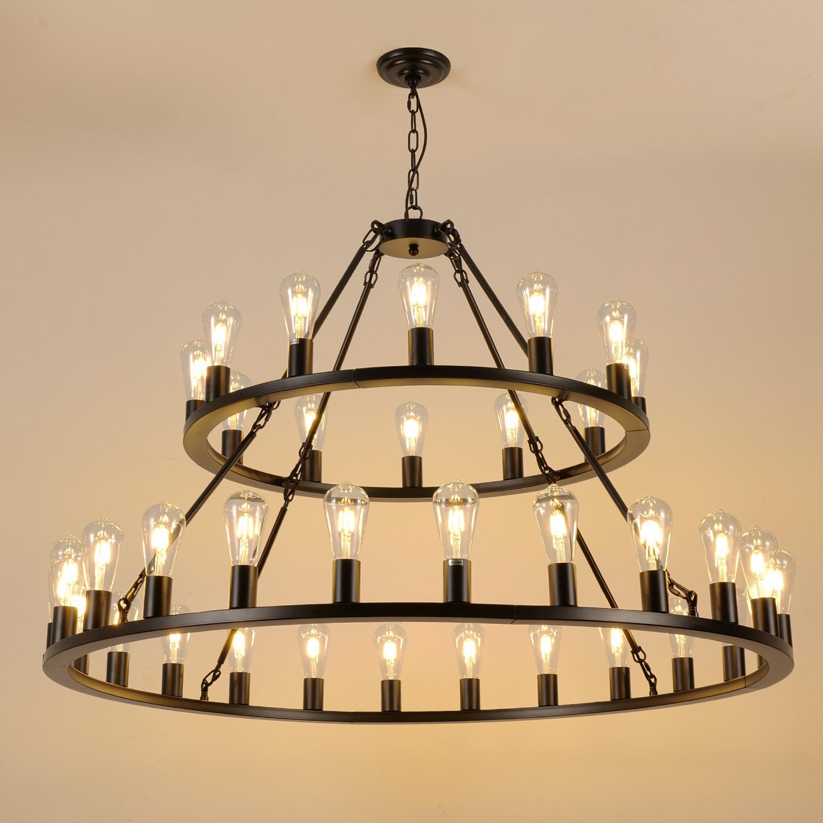 WOGON WEEL Wagon Wheel Chandelier 2 Tier 48-Inch 36-Light, Farmhouse Industrial Chandelier Black Rustic Pendant Light Fixture Ex