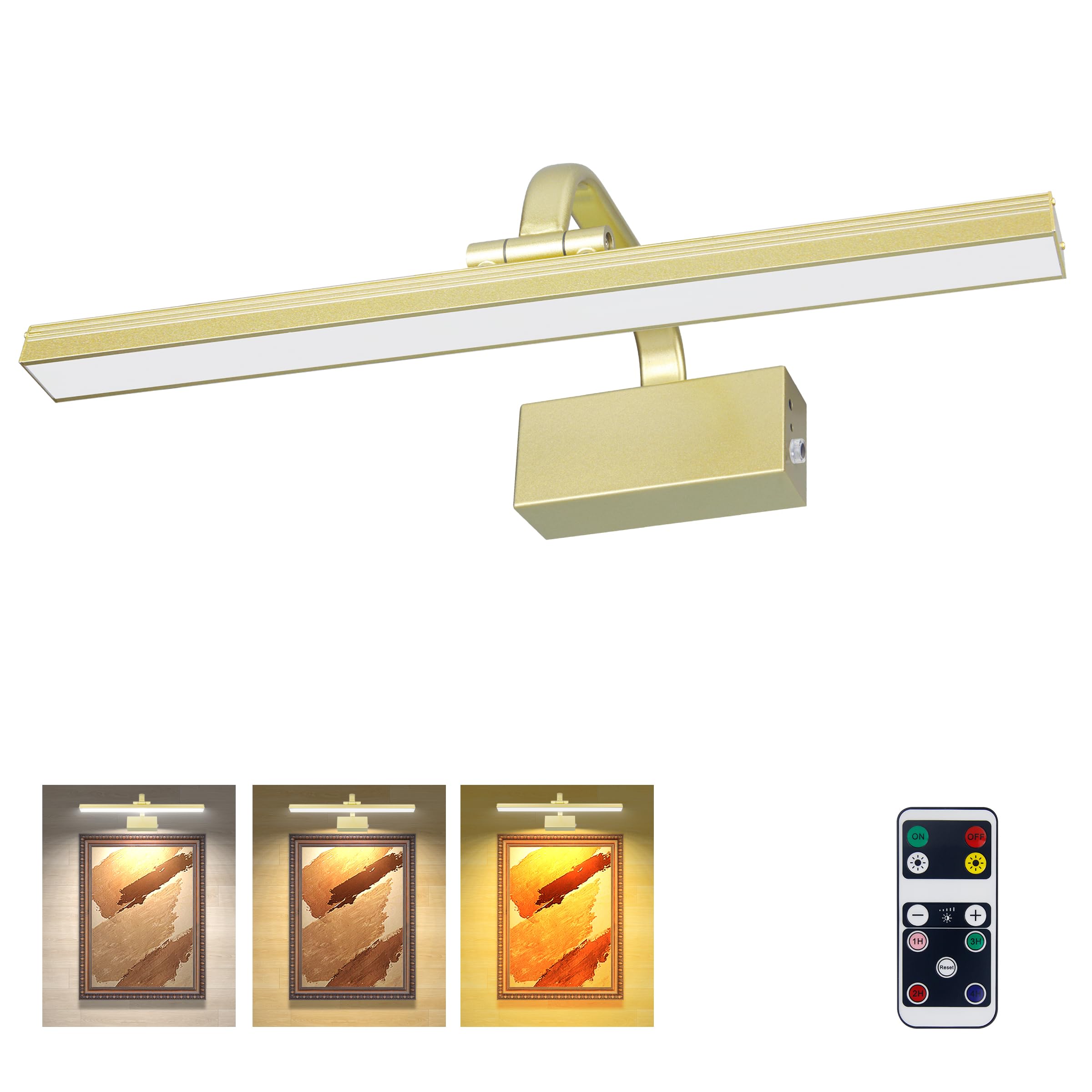 RAIFOOLLY Picture Light, Battery Operated, Remote Dimmable, 3 Modes, 16in Size, discomfort-reducingted Gold, Model RF00181