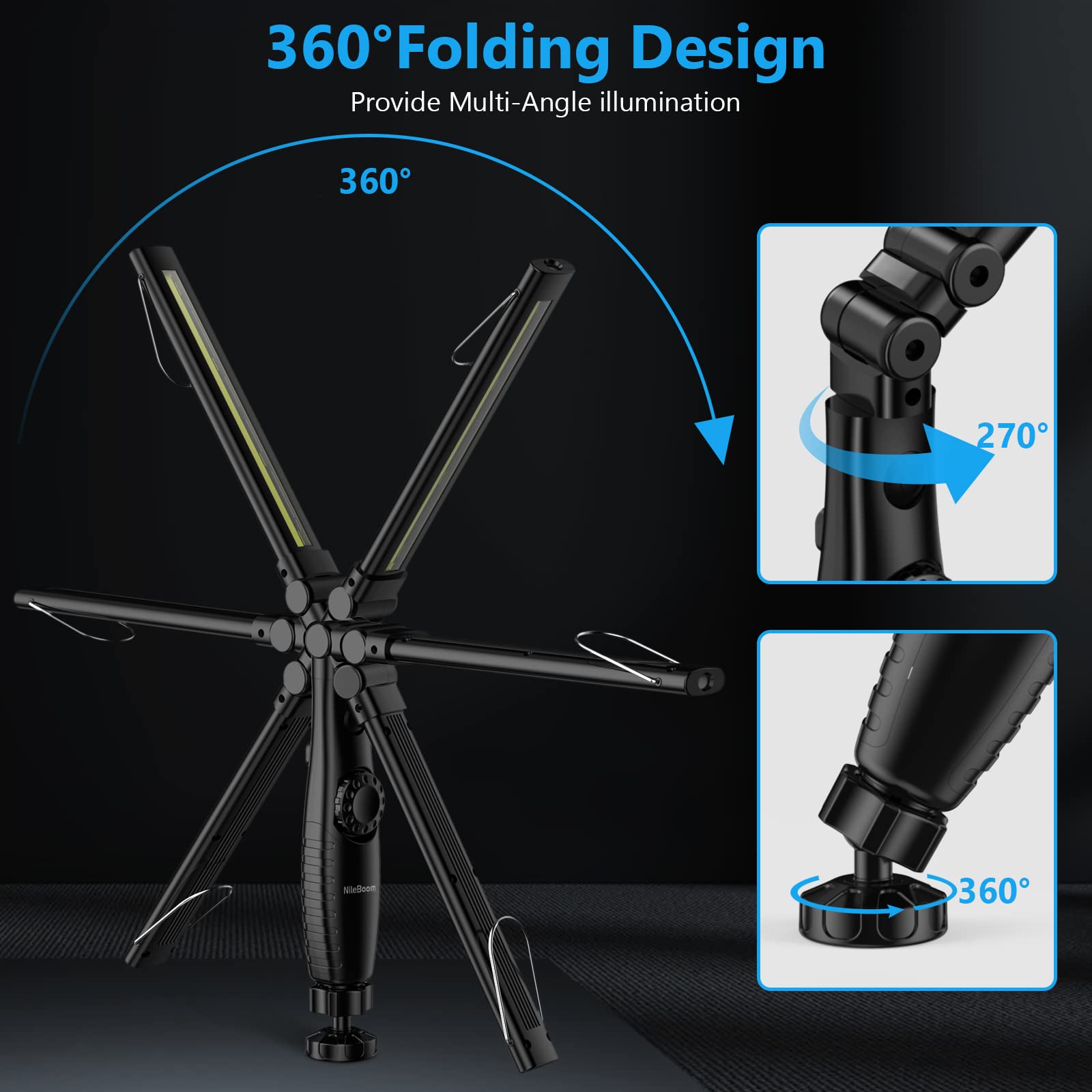 Nileboom Led Work Light,800 Lumens Foldable Rechargeable Cob Work Light With Magnetic Base& Hook, 360°Swivel Flashlight, Usb Cable For Car Repair, Home, Garage, Emergency And Outdoor Camping, 3000Mah