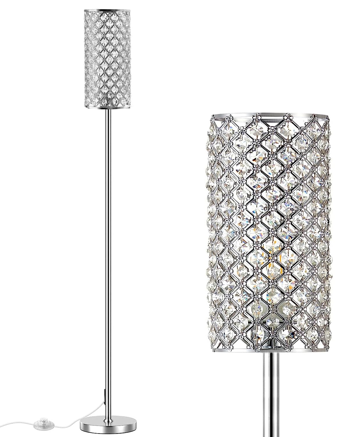 Assemer Crystal Floor Lamps - Modern Silver Standing Lamp with 3 CCT LED Bulbs for Elegant Home Decor Living Room and Bedroom Li