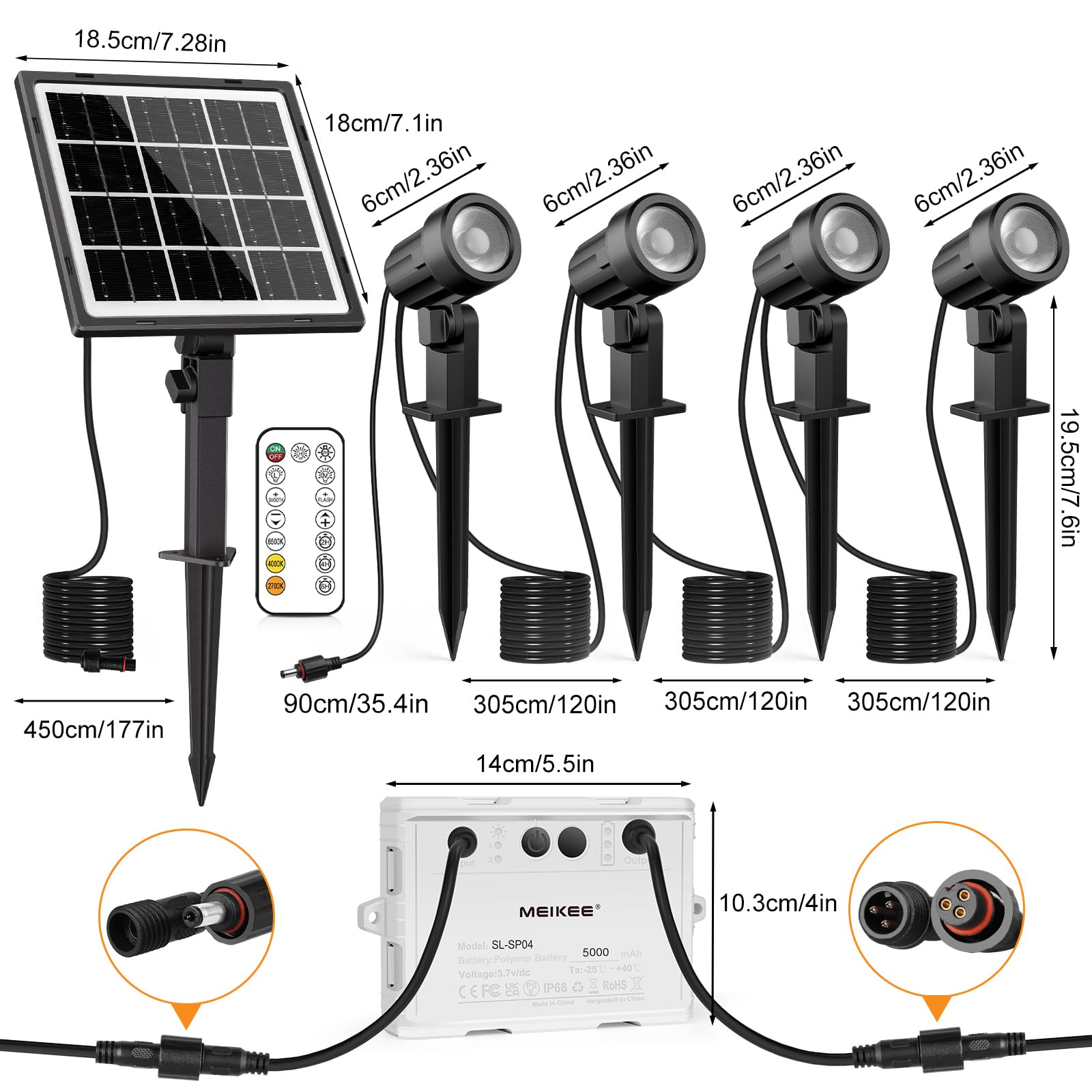 MEIKEE Solar Spot Lights, 4-in-1 Landscape Lights, 4W/6V, IP66 Waterproof, 2700K/4000K/6500K, Model SL
