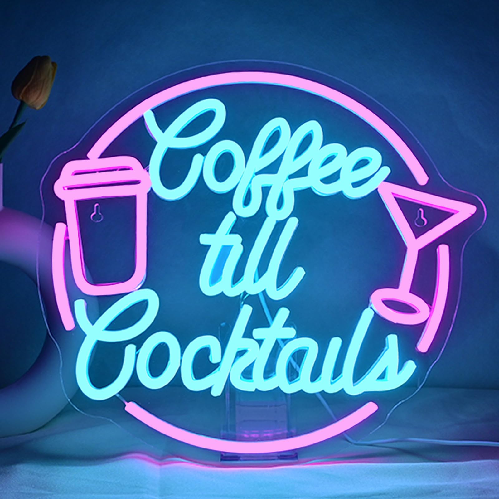 JURONG Coffee Cocktail LED Neon Sign, Dimmable USB Light, 16.5inx9in, Pink Blue Acrylic Decor for Home, Party, Office