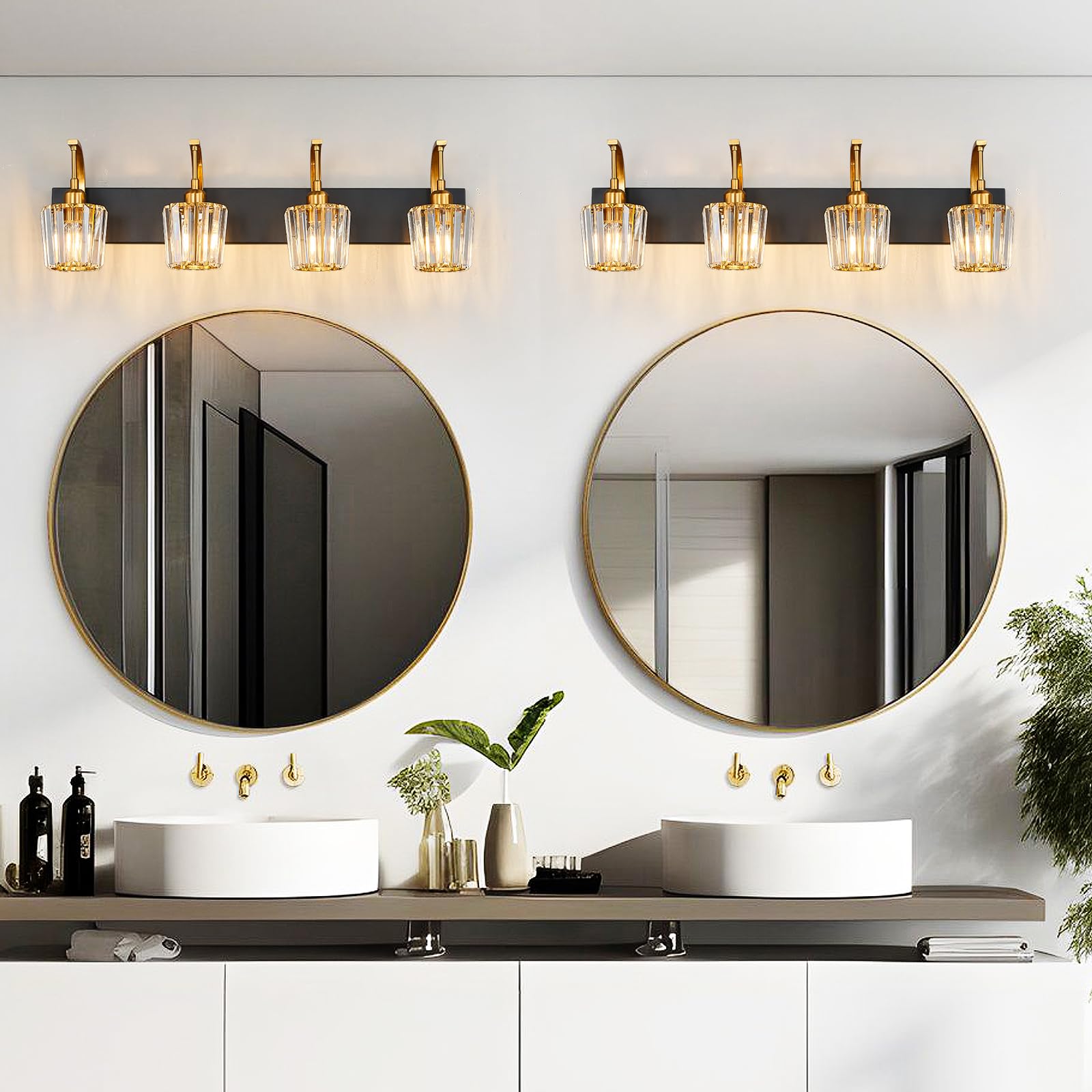 Fdpby Modern Bathroom Vanity Light  4-Light Black Gold Wall Sconce With Crystal Accents  Over Mirror Bathroom Lighting Fixture  32.67 Long Dimmable Vanity Lamp For Makeup  Easy Installation