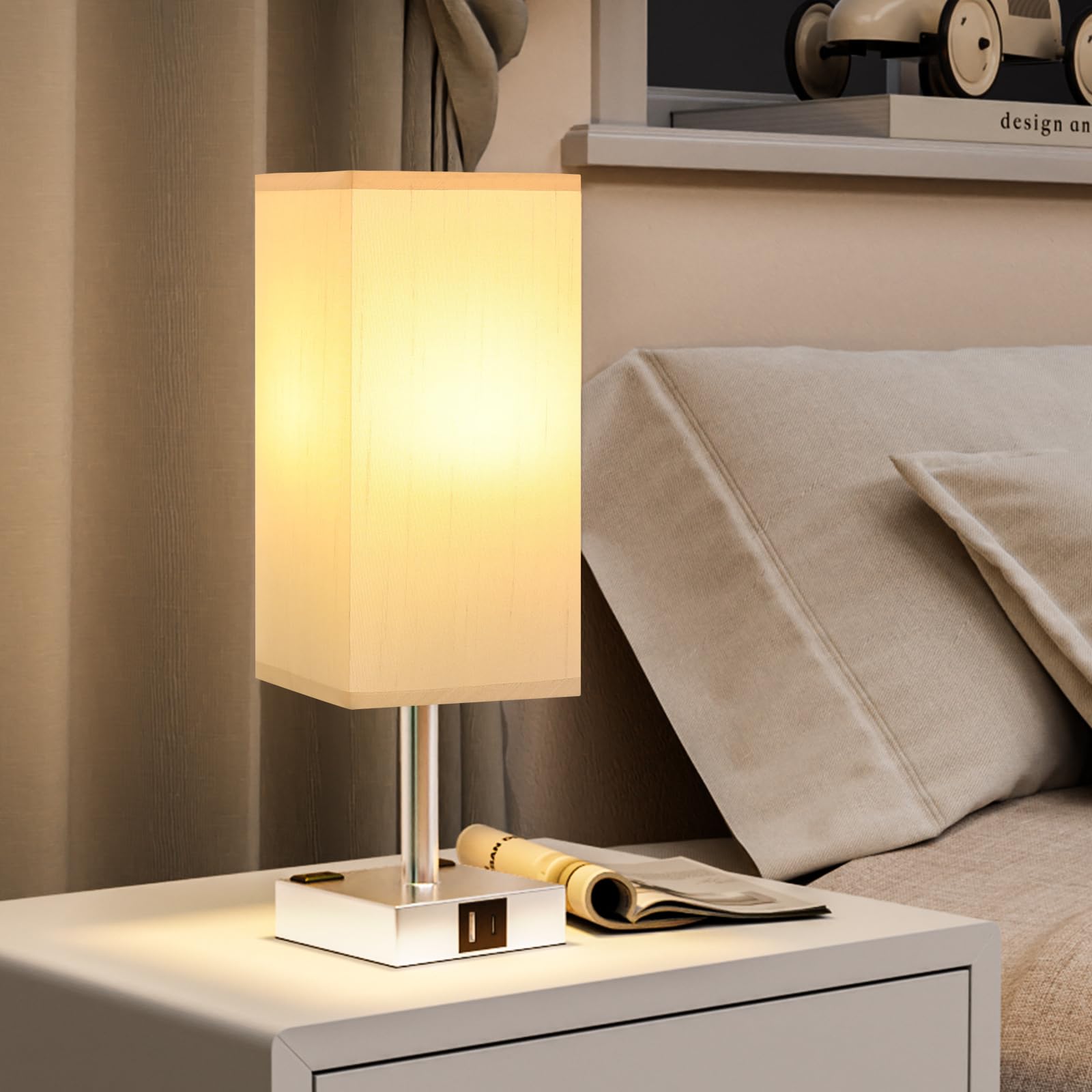 Aooshine Touch Bedside Table Lamp - 3-Way Dimmable, USB A & Type C Ports, AC Outlets, 14in, Blanched Almond & Silver, Model 